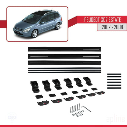 Compatible avec Peugeot 307 Break 2002-2008 BASIC Model Barres de Toit Railing Porte-Bagages de Voiture Noir Aluminium 3 Barres