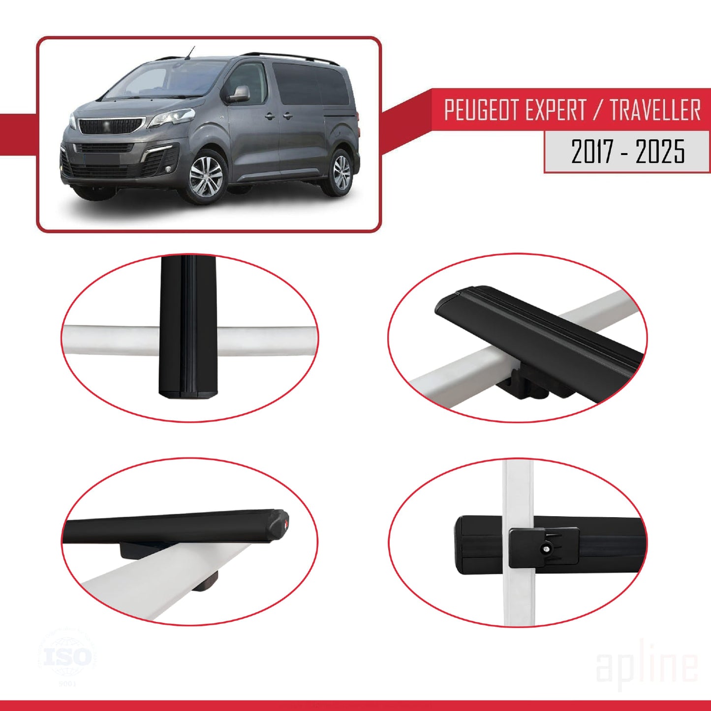 Compatible avec Peugeot Expert 3 Traveller 2017-2025 BASIC Model Barres de Toit Railing Porte-Bagages de Voiture Noir Aluminium 3 Barres