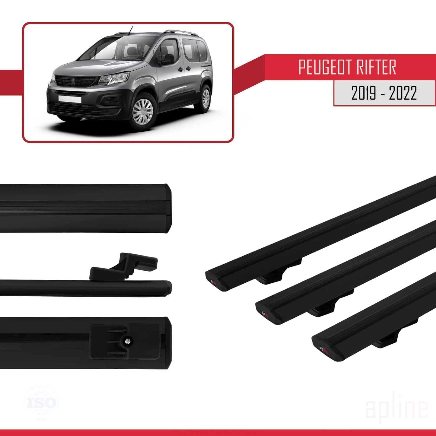 Compatible with Peugeot Rifter 2019-2022 BASIC Model Car Roof Rack Cross Bar Black Aluminium 3 Bars