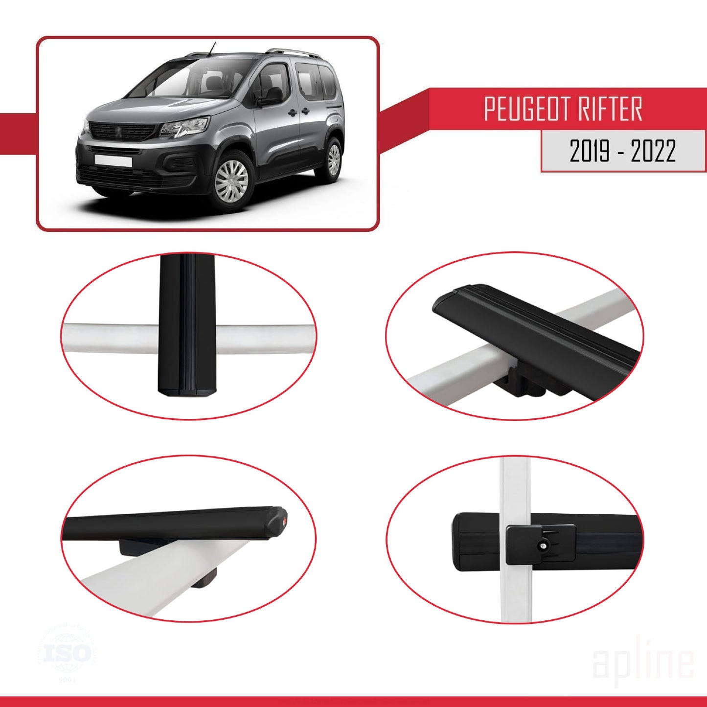 Compatible with Peugeot Rifter 2019-2022 BASIC Model Car Roof Rack Cross Bar Black Aluminium 3 Bars