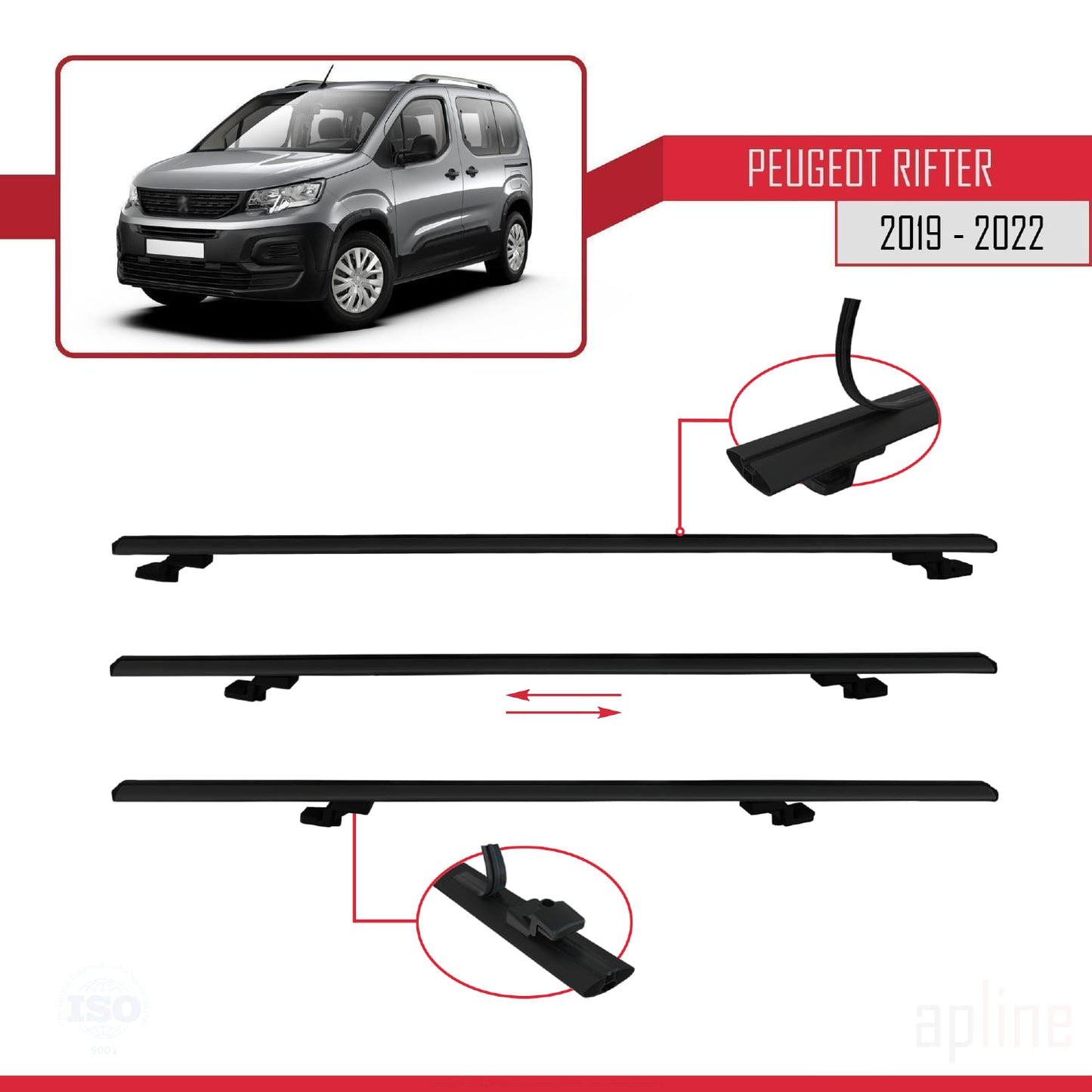 Compatible with Peugeot Rifter 2019-2022 BASIC Model Car Roof Rack Cross Bar Black Aluminium 3 Bars