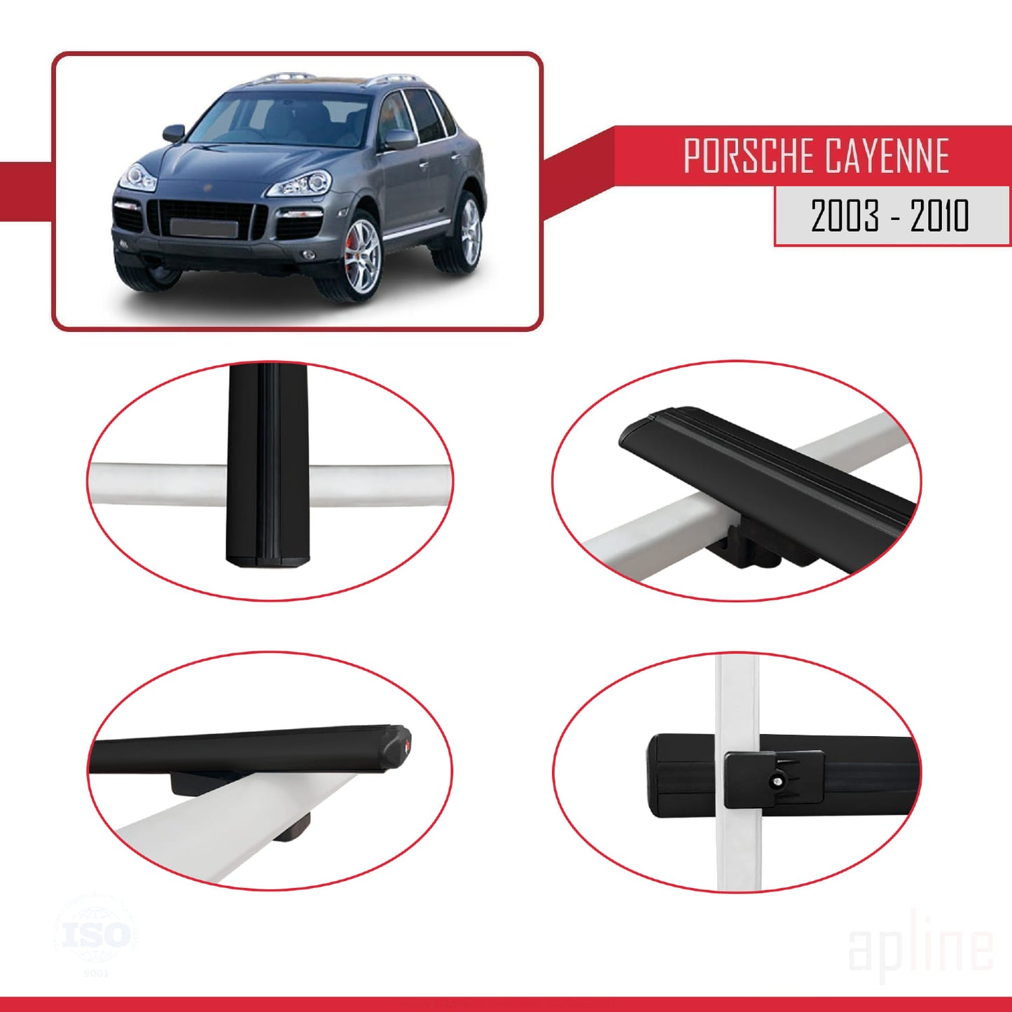 Compatible with Porsche Cayenne (9PA) 2003-2010 BASIC Model Car Roof Rack Cross Bar Black Aluminium 3 Bars