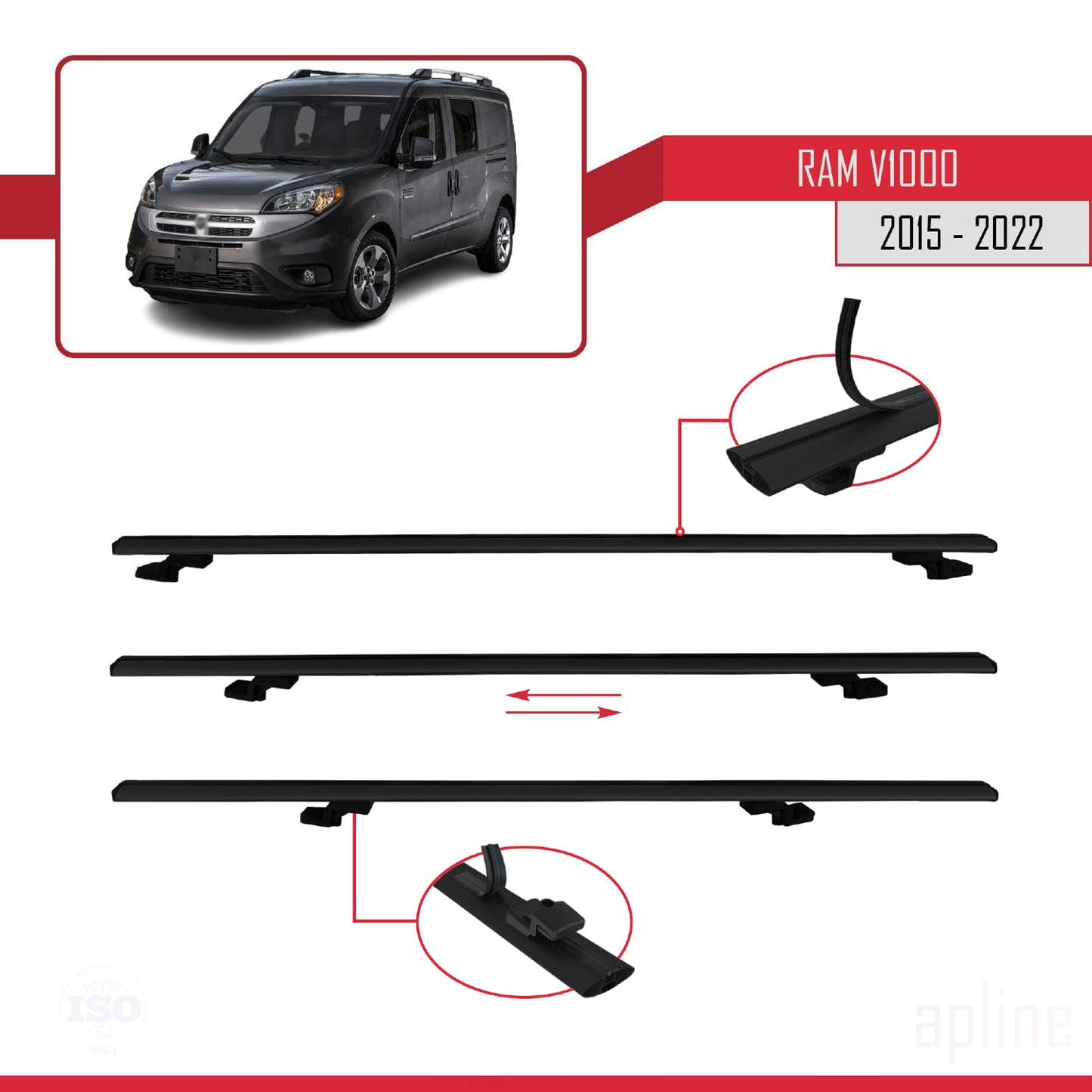 Compatible avec Ram V1000 2015-2022 BASIC Model Barres de Toit Railing Porte-Bagages de Voiture Noir Aluminium 3 Barres