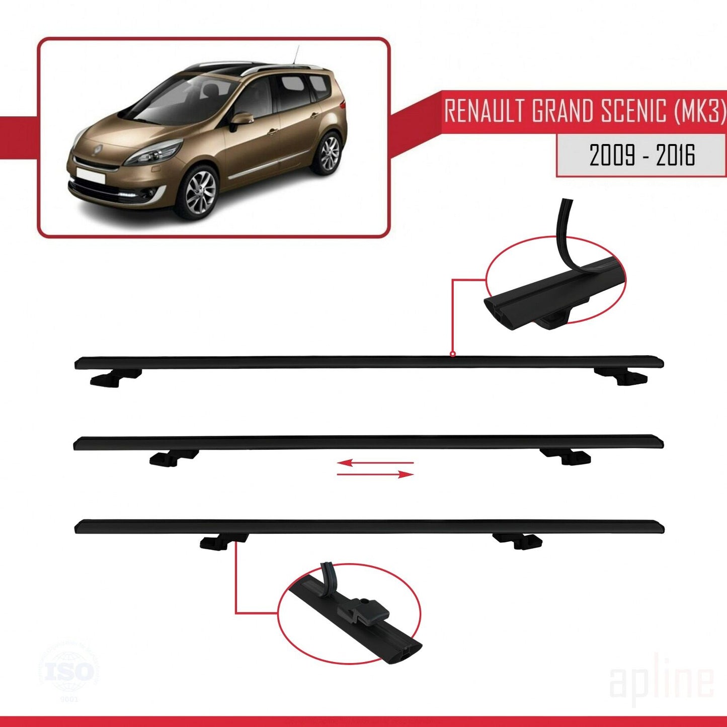 Compatible avec Renault Grand Scenic 3 2009-2016 BASIC Model Barres de Toit Railing Porte-Bagages de Voiture Noir Aluminium 3 Barres