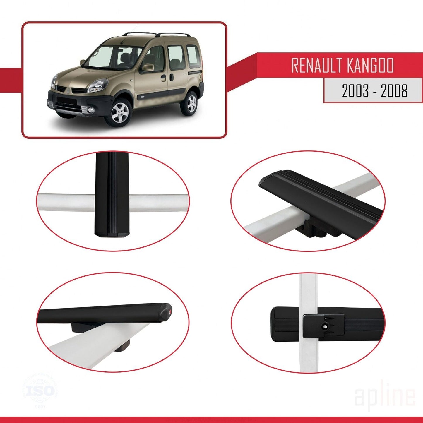 Compatible avec Renault Kangoo (X76) Post-Facelift 2003-2008 BASIC Model Barres de Toit Railing Porte-Bagages de Voiture Noir Aluminium 3 Barres