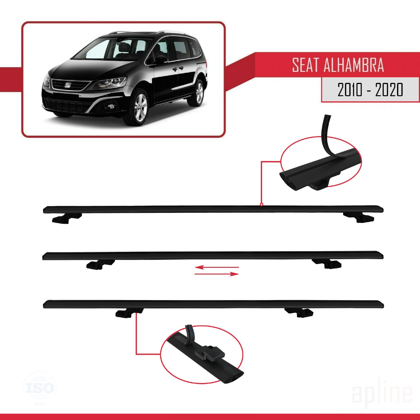 Compatible with Seat Alhambra 2 (7N) 2010-2020 BASIC Model Car Roof Rack Cross Bar Black Aluminium 3 Bars