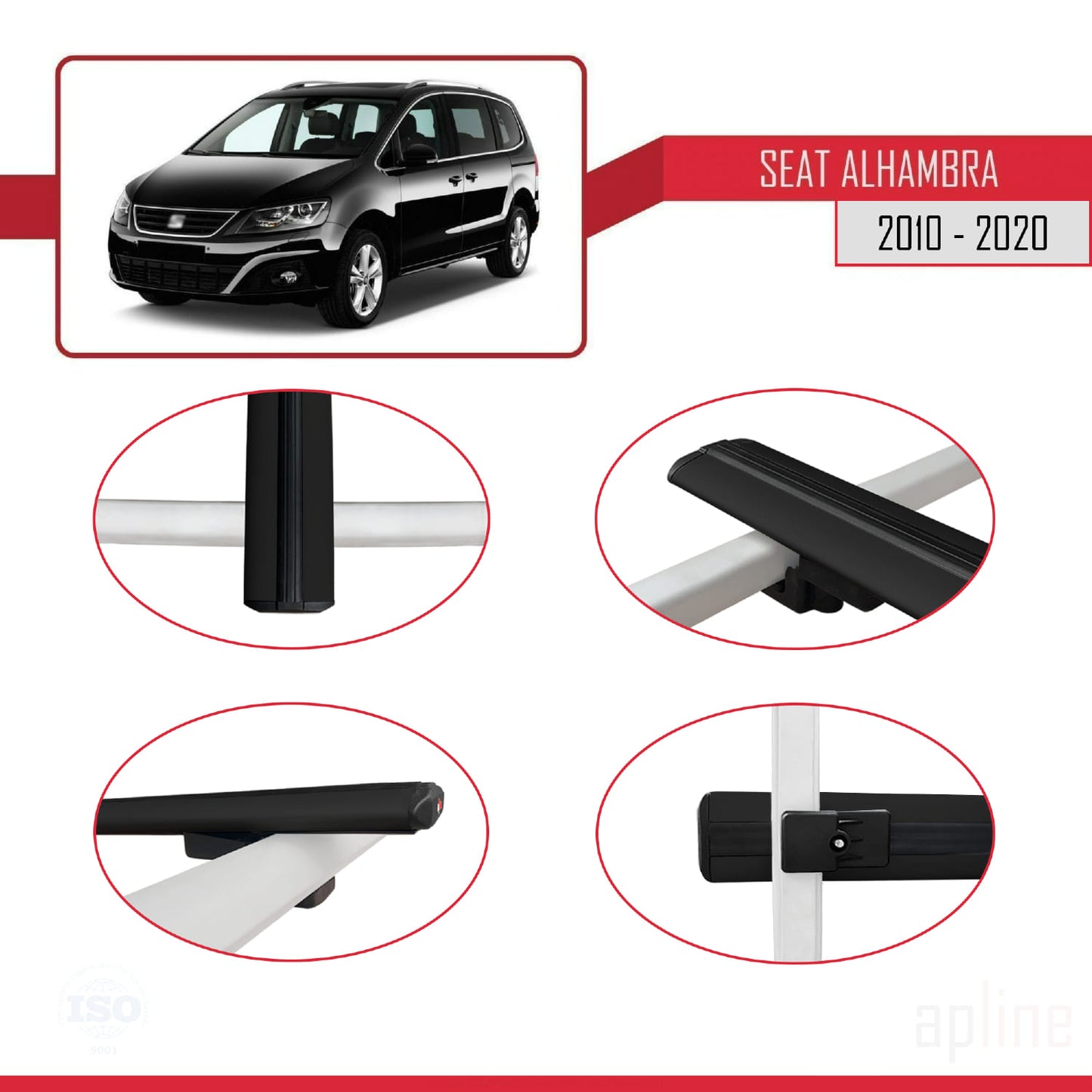 Compatible with Seat Alhambra 2 (7N) 2010-2020 BASIC Model Car Roof Rack Cross Bar Black Aluminium 2 Bars