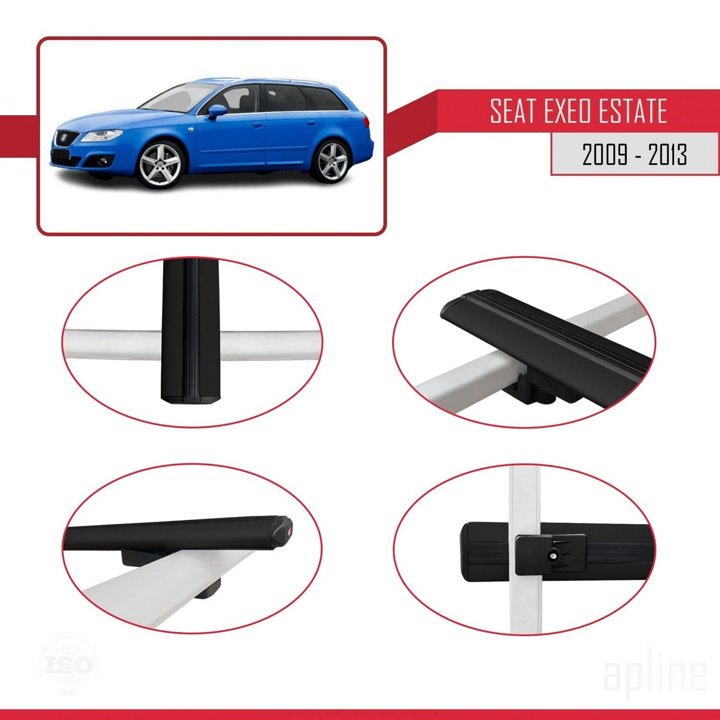 Compatible with Seat Exeo (3R9) ST 2009-2013 BASIC Model Car Roof Rack Cross Bar Black Aluminium 2 Bars