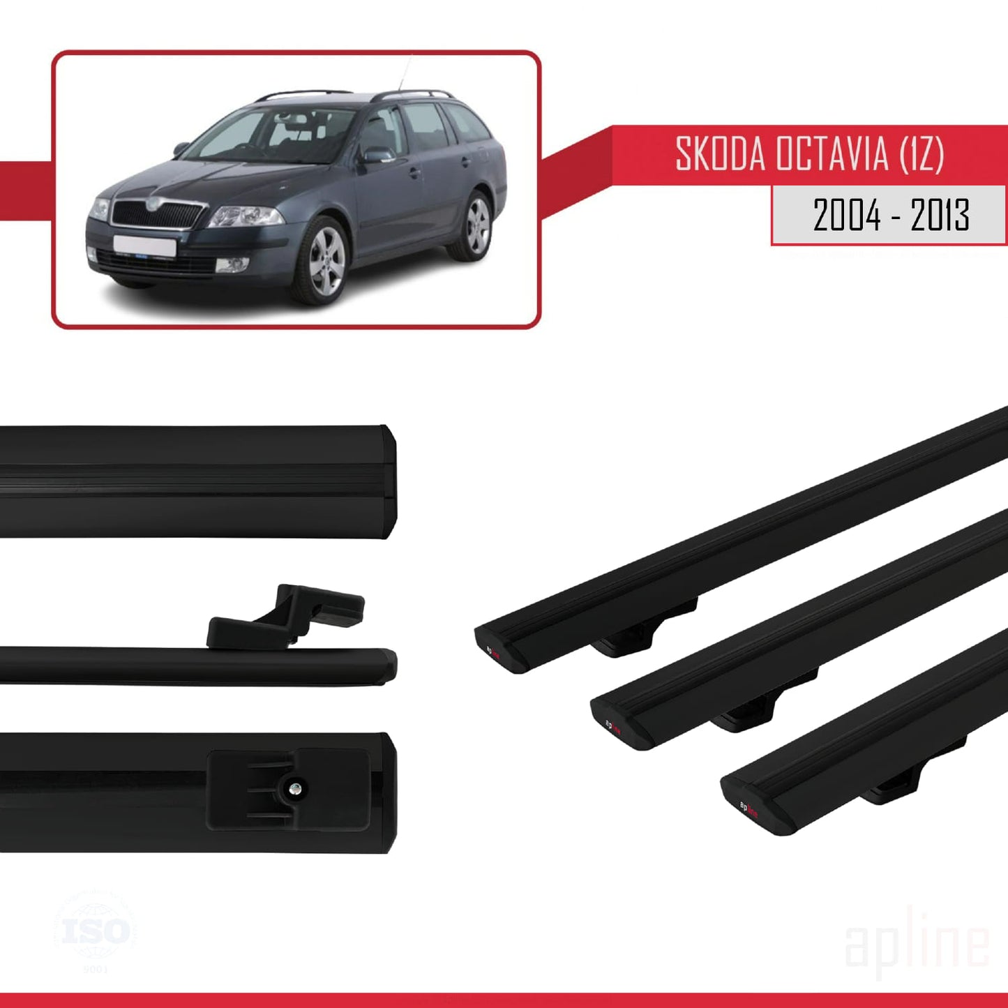 Compatible con Skoda Octavia 2 (1Z) 2004-2013 BASIC Model Barras de Techo Auto Portaequipajes Barras Transversales Negro Aluminio 3 Barras