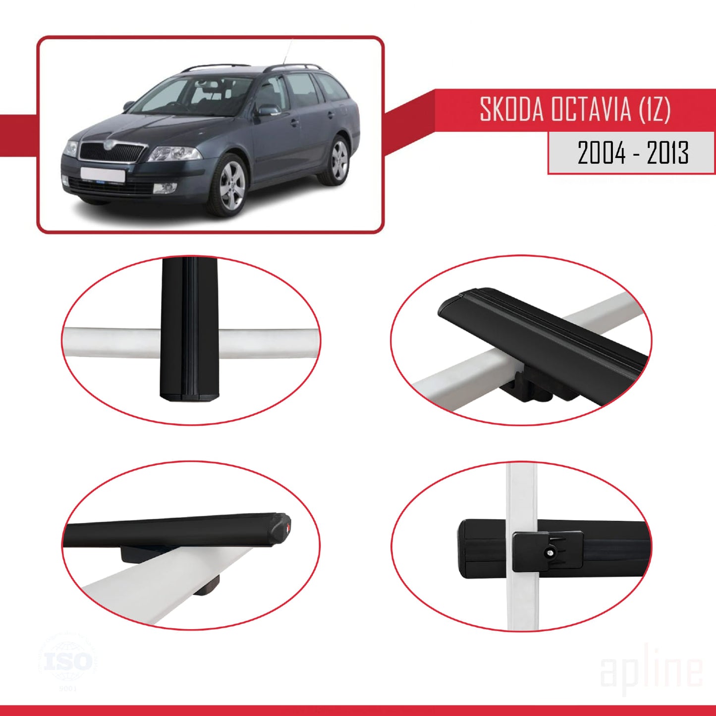 Compatible con Skoda Octavia 2 (1Z) 2004-2013 BASIC Model Barras de Techo Auto Portaequipajes Barras Transversales Negro Aluminio 3 Barras