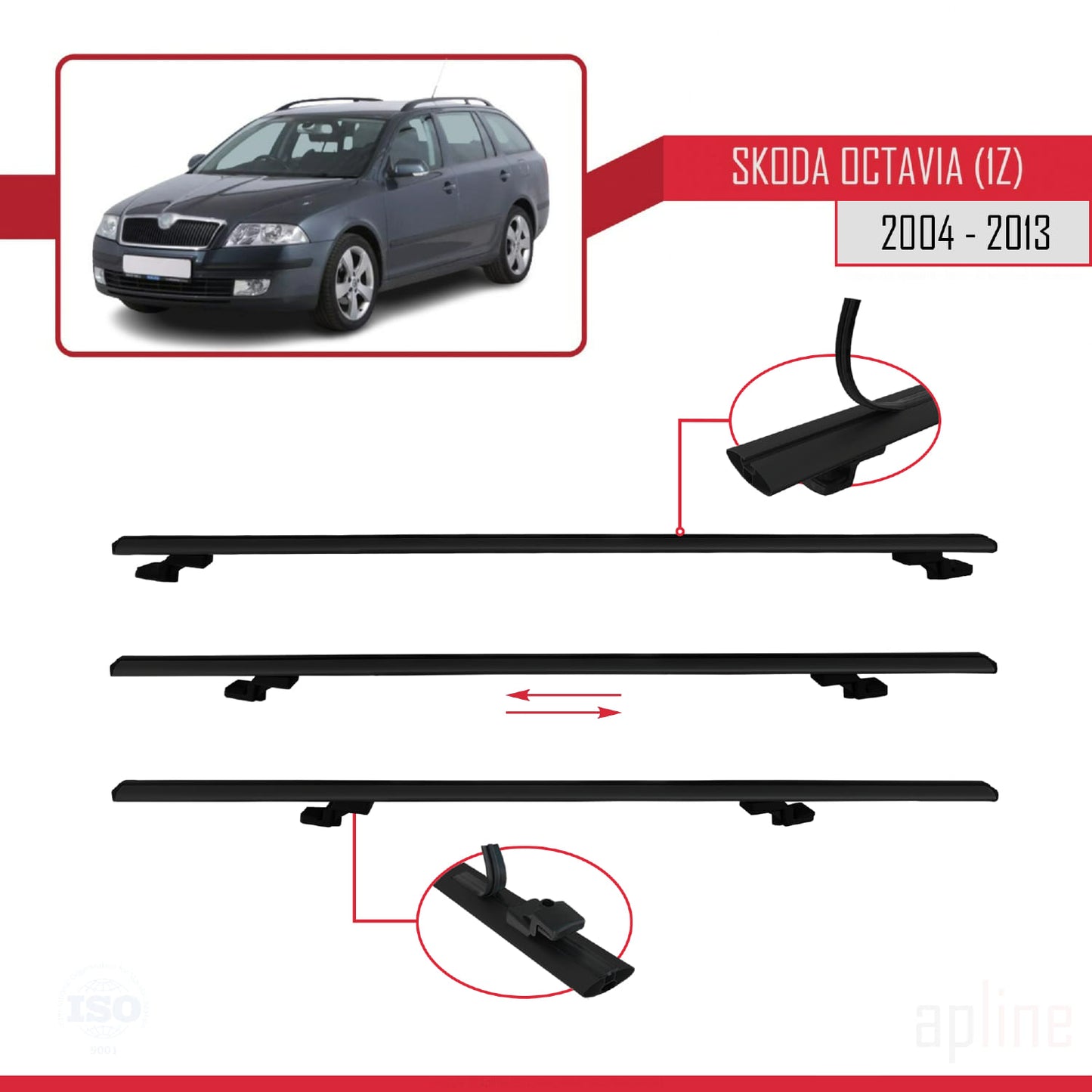 Compatible con Skoda Octavia 2 (1Z) 2004-2013 BASIC Model Barras de Techo Auto Portaequipajes Barras Transversales Negro Aluminio 3 Barras
