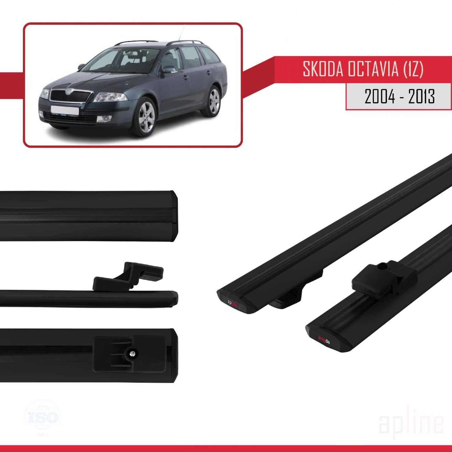 Compatible with Skoda Octavia 2 (1Z) 2004-2013 BASIC Model Car Roof Rack Cross Bar Black Aluminium 2 Bars