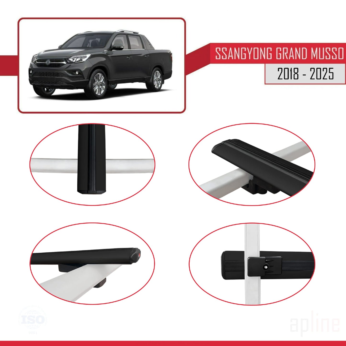 Compatible avec Ssangyong Grand Musso 2018-2025 BASIC Model Barres de Toit Railing Porte-Bagages de Voiture Noir Aluminium 3 Barres