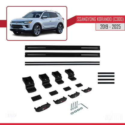 Compatible avec Ssangyong Korando 4 (C300) 2019-2025 BASIC Model Barres de Toit Railing Porte-Bagages de Voiture Noir Aluminium 2 Barres