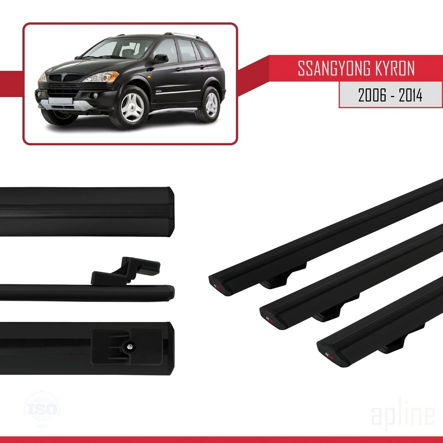 Compatible with Ssangyong Kyron 2005-2014 BASIC Model Car Roof Rack Cross Bar Black Aluminium 3 Bars