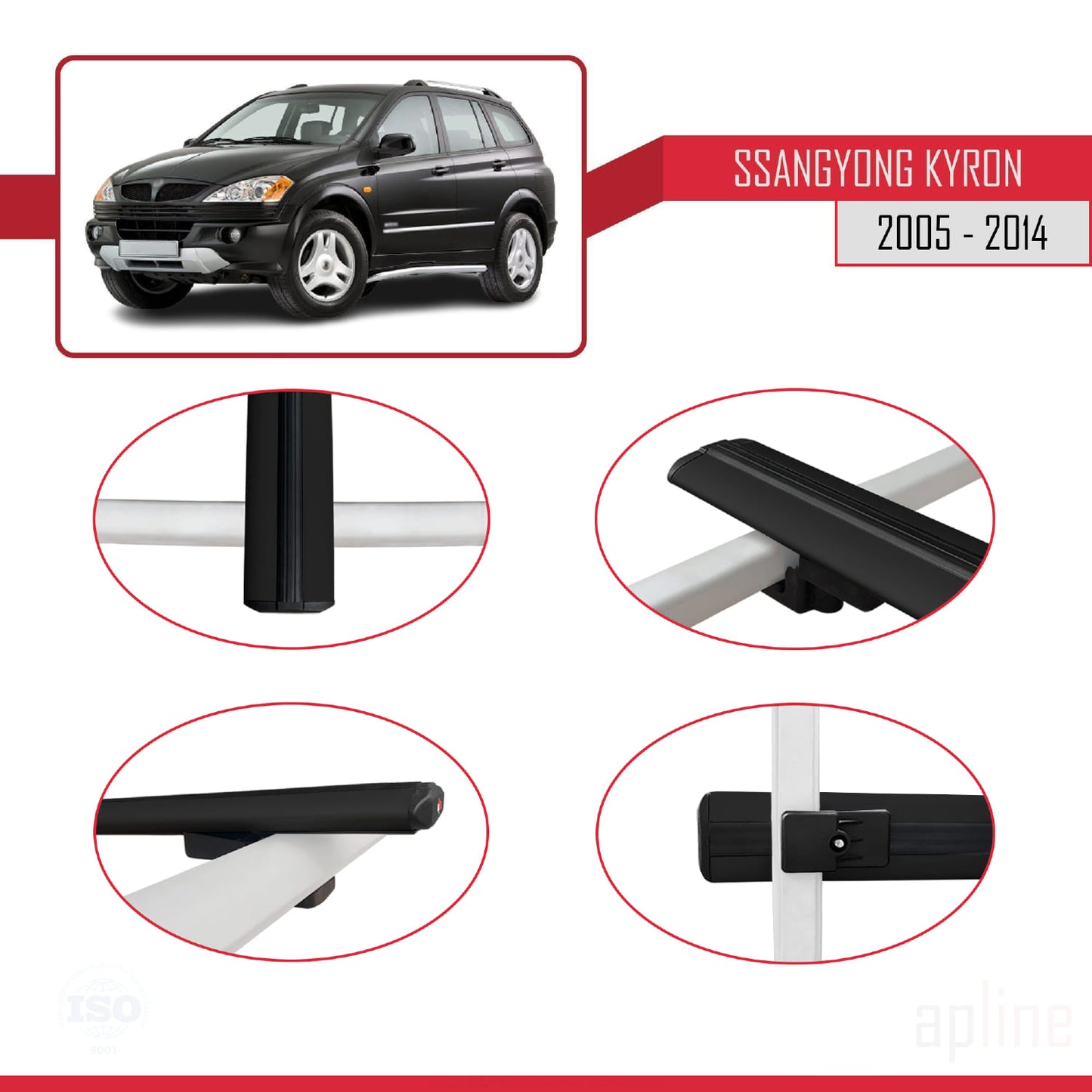 Compatible con Ssangyong Kyron 2005-2014 BASIC Model Barras de Techo Auto Portaequipajes Barras Transversales Negro Aluminio 2 Barras