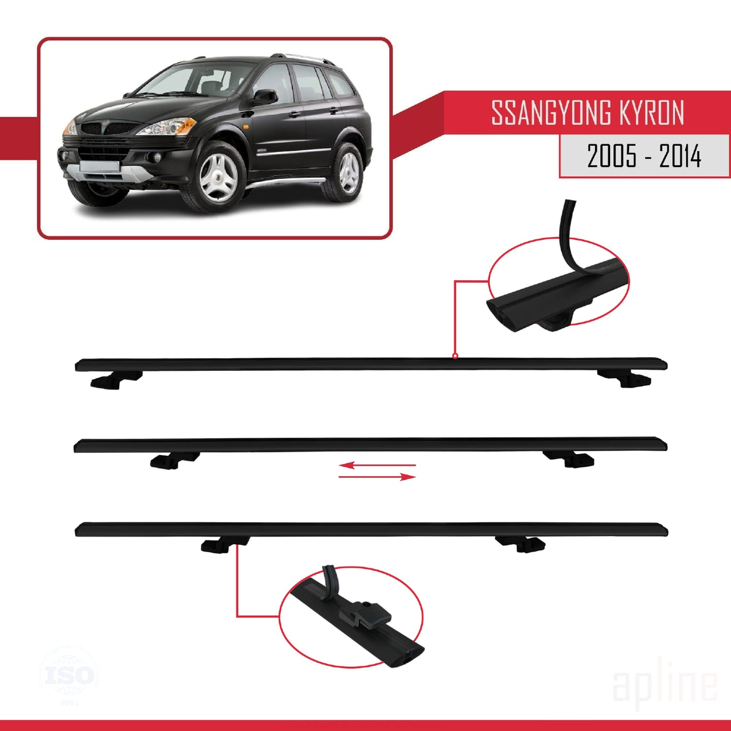 Compatible con Ssangyong Kyron 2005-2014 BASIC Model Barras de Techo Auto Portaequipajes Barras Transversales Negro Aluminio 2 Barras