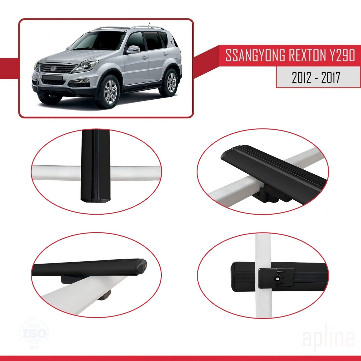 Compatible with Ssangyong Rexton (Y290) 2012-2017 BASIC Model Car Roof Rack Cross Bar Black Aluminium 2 Bars