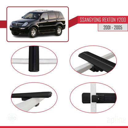 Compatible avec Ssangyong Rexton (Y200) 2001-2005 BASIC Model Barres de Toit Railing Porte-Bagages de Voiture Noir Aluminium 3 Barres