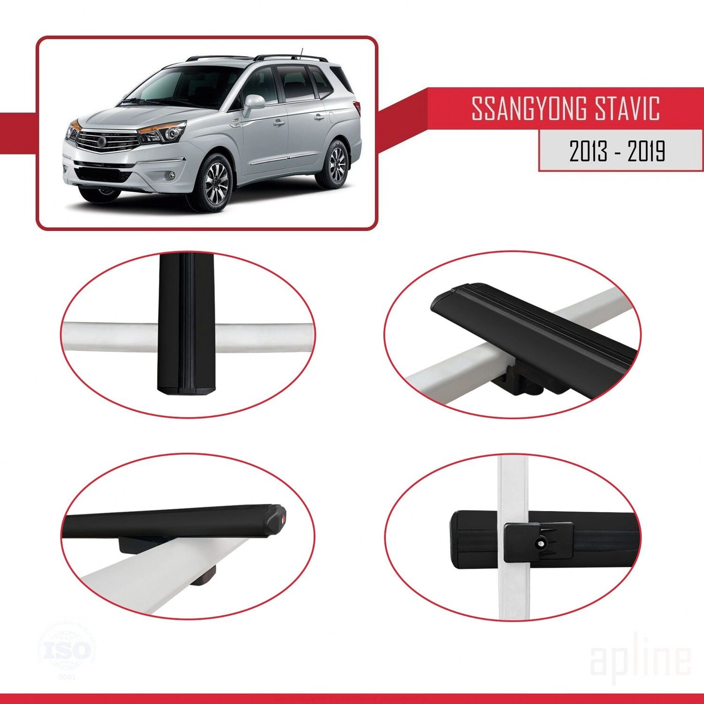 Compatible con Ssangyong Stavic 2 2013-2019 BASIC Model Barras de Techo Auto Portaequipajes Barras Transversales Negro Aluminio 3 Barras