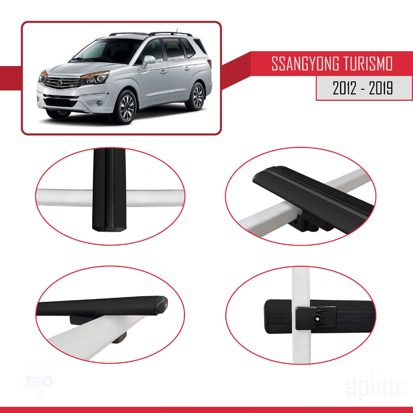 Compatible avec Ssangyong Turismo 2012-2019 BASIC Model Barres de Toit Railing Porte-Bagages de Voiture Noir Aluminium 3 Barres