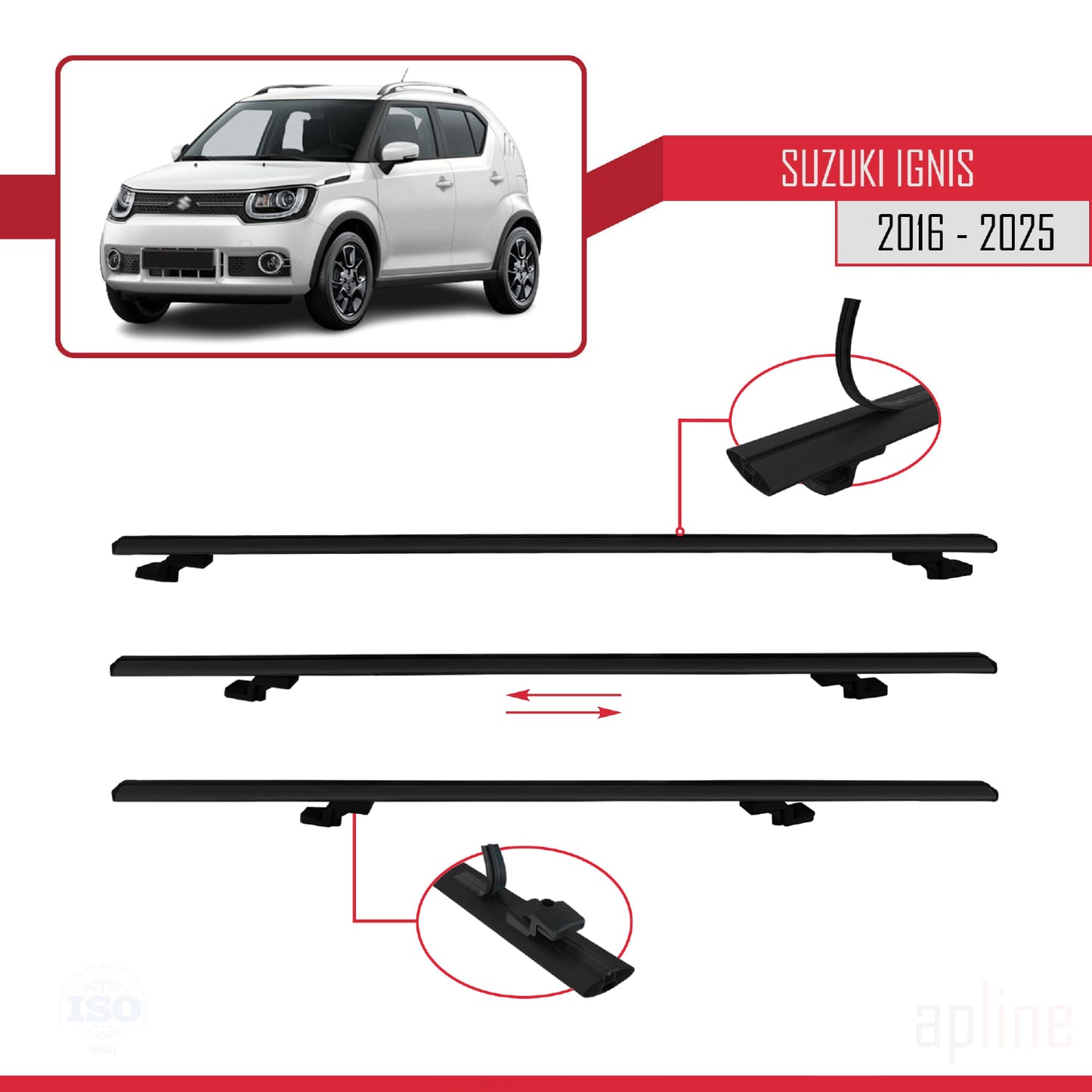 Compatible avec Suzuki Ignıs 2016-2025 BASIC Model Barres de Toit Railing Porte-Bagages de Voiture Noir Aluminium 3 Barres