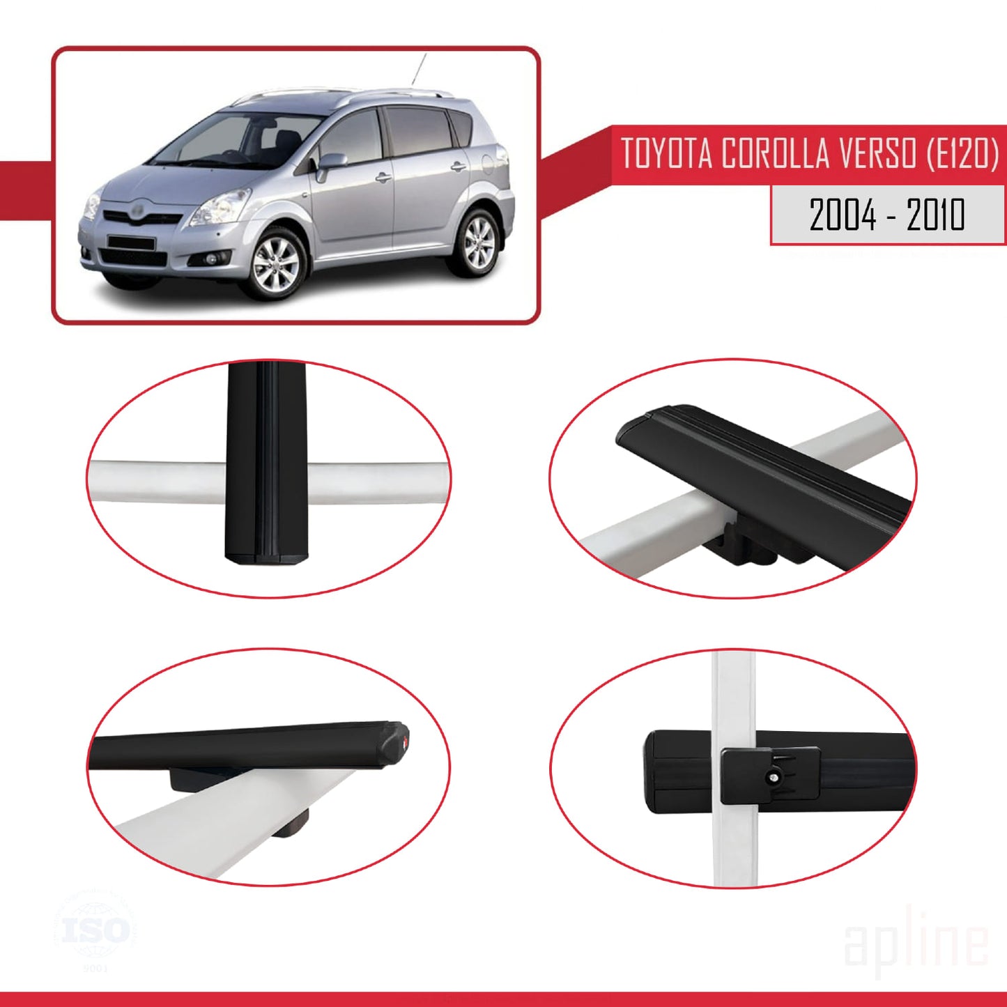Compatible avec Toyota Corolla Verso 2 (AR10) 2004-2010 BASIC Model Barres de Toit Railing Porte-Bagages de Voiture Noir Aluminium 2 Barres