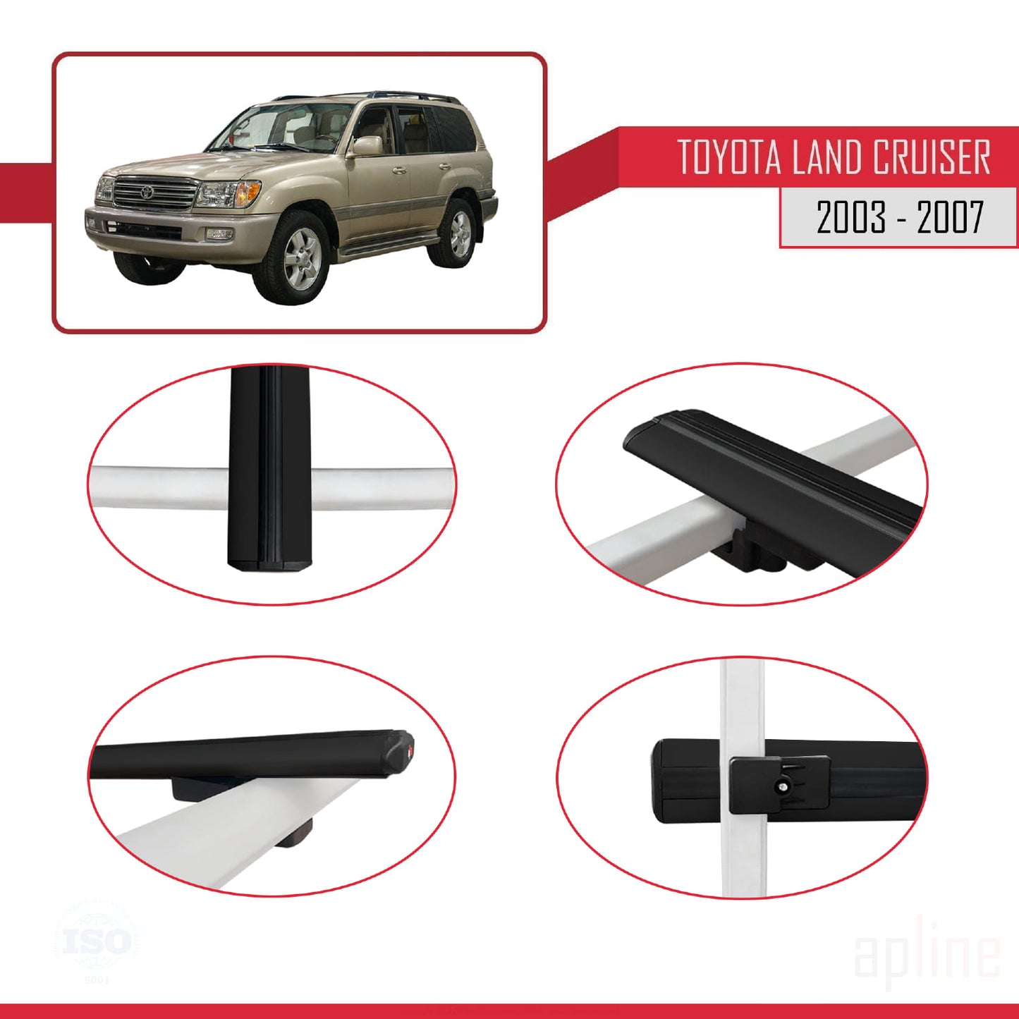Compatible avec Toyota Land Cruiser (J100) 2003-2007 BASIC Model Barres de Toit Railing Porte-Bagages de Voiture Noir Aluminium 3 Barres