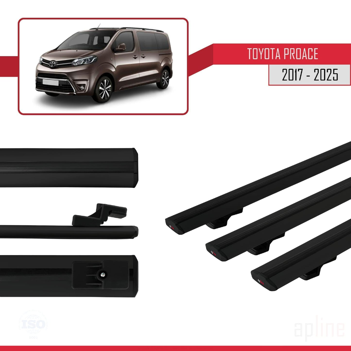 Compatible avec Toyota Proace 2017-2025 BASIC Model Barres de Toit Railing Porte-Bagages de Voiture Noir Aluminium 3 Barres