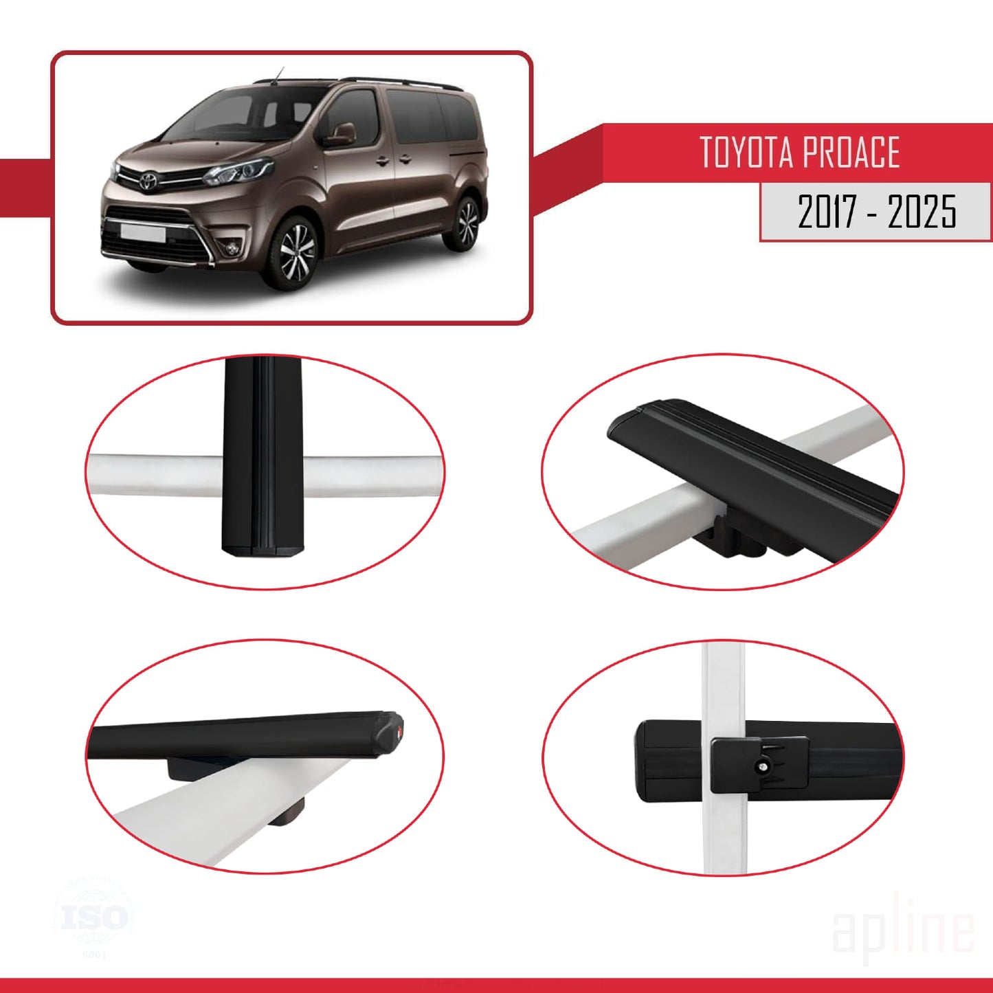 Compatible avec Toyota Proace 2017-2025 BASIC Model Barres de Toit Railing Porte-Bagages de Voiture Noir Aluminium 3 Barres