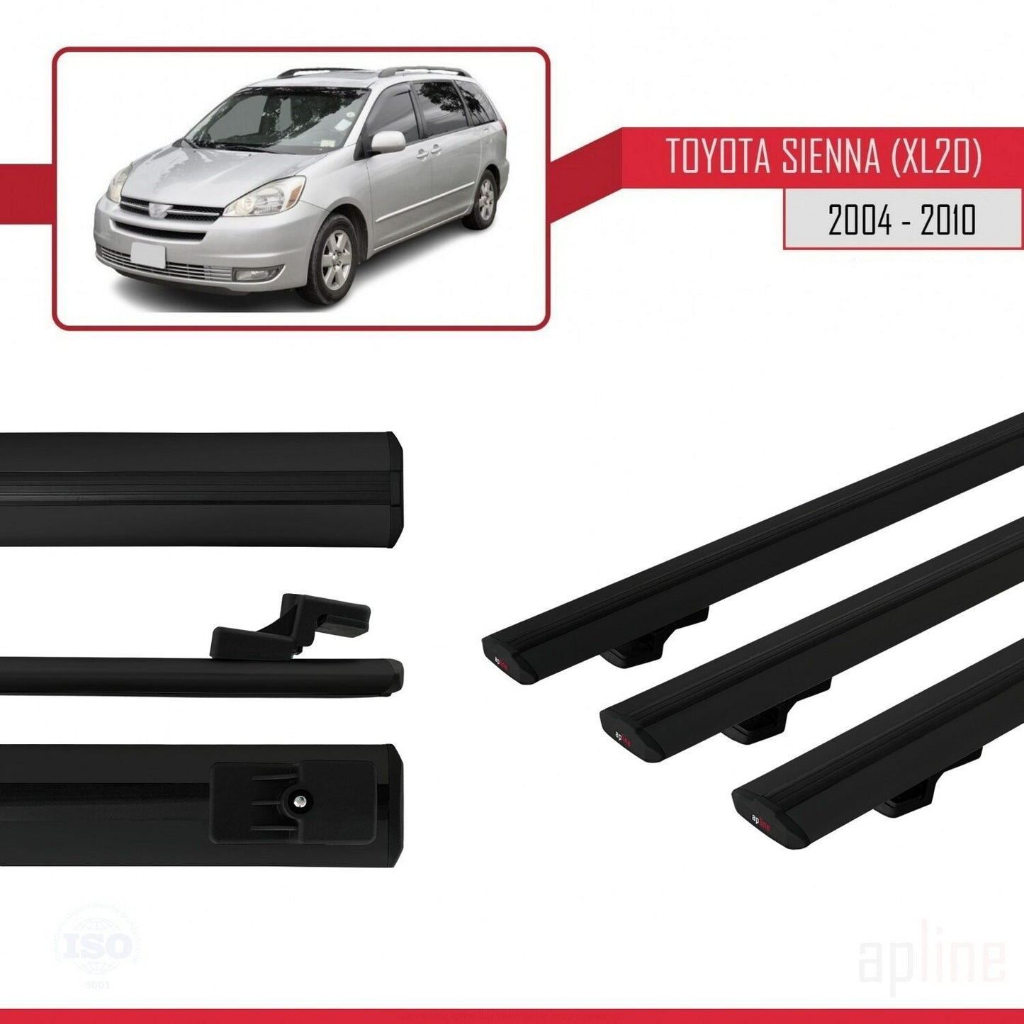 Compatible avec Toyota Sienna 2 (XL20) 2004-2010 BASIC Model Barres de Toit Railing Porte-Bagages de Voiture Noir Aluminium 3 Barres