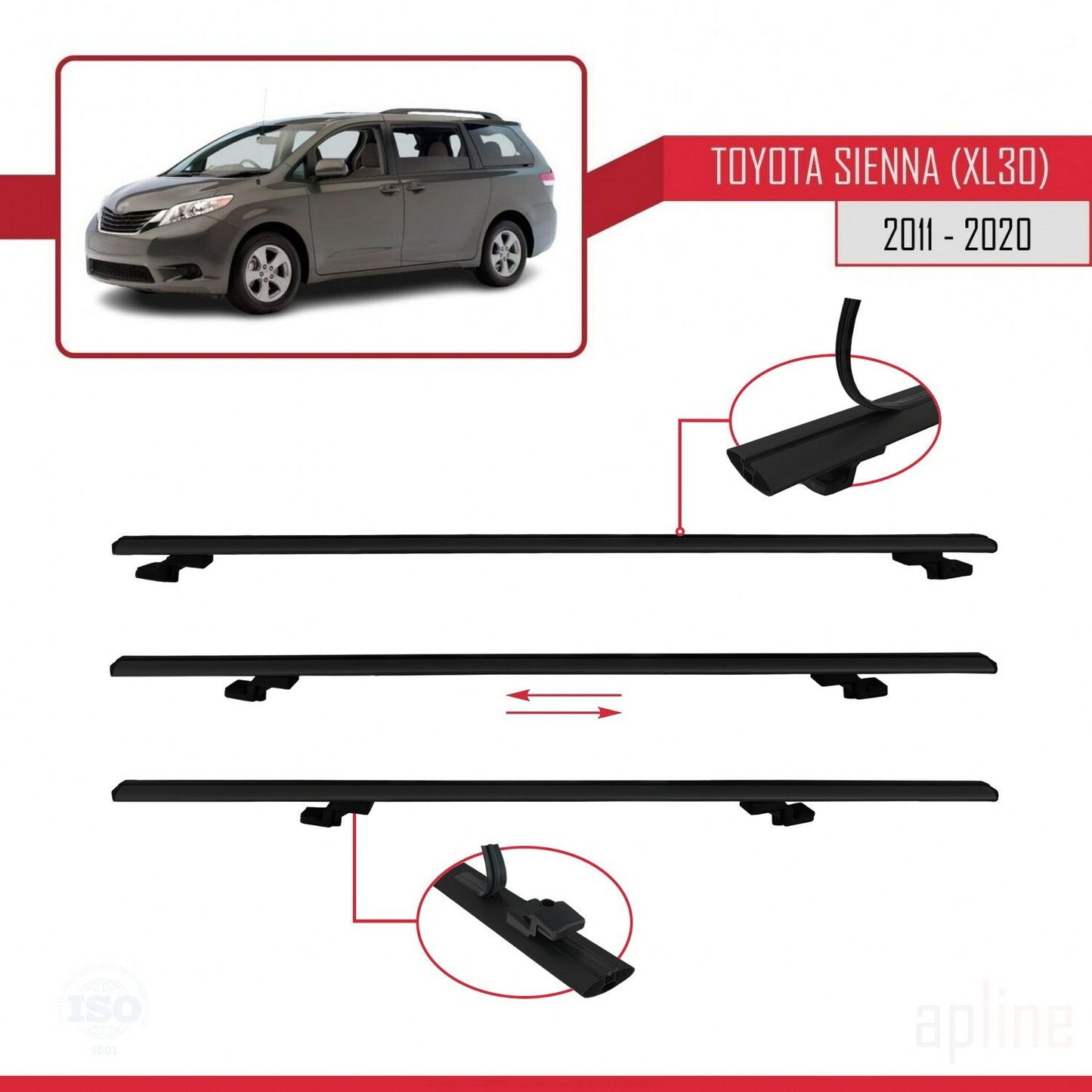 Compatible avec Toyota Sienna 3 (XL30) 2011-2020 BASIC Model Barres de Toit Railing Porte-Bagages de Voiture Noir Aluminium 3 Barres