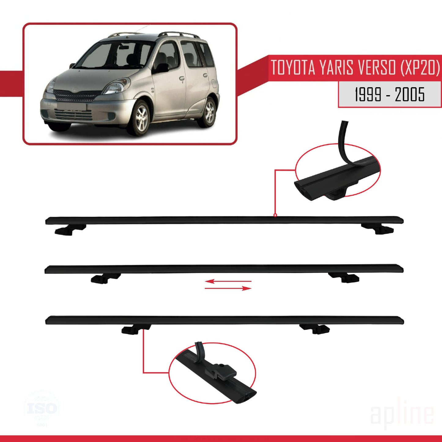 Compatible avec Toyota Yaris Verso (XP20) 1999-2005 BASIC Model Barres de Toit Railing Porte-Bagages de Voiture Noir Aluminium 2 Barres