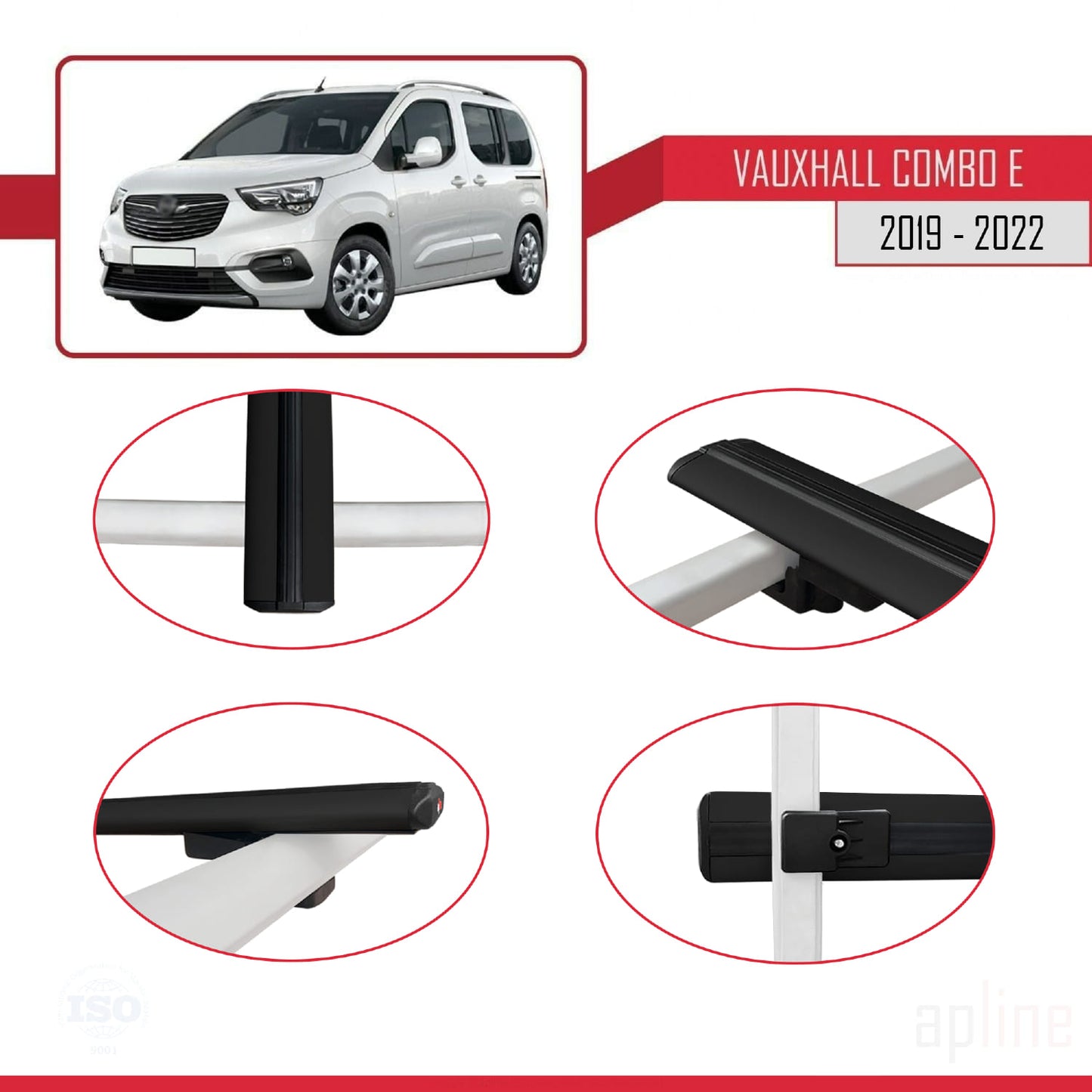Compatible avec Vauxhall Combo E Life 2019-2022 BASIC Model Barres de Toit Railing Porte-Bagages de Voiture Noir Aluminium 3 Barres