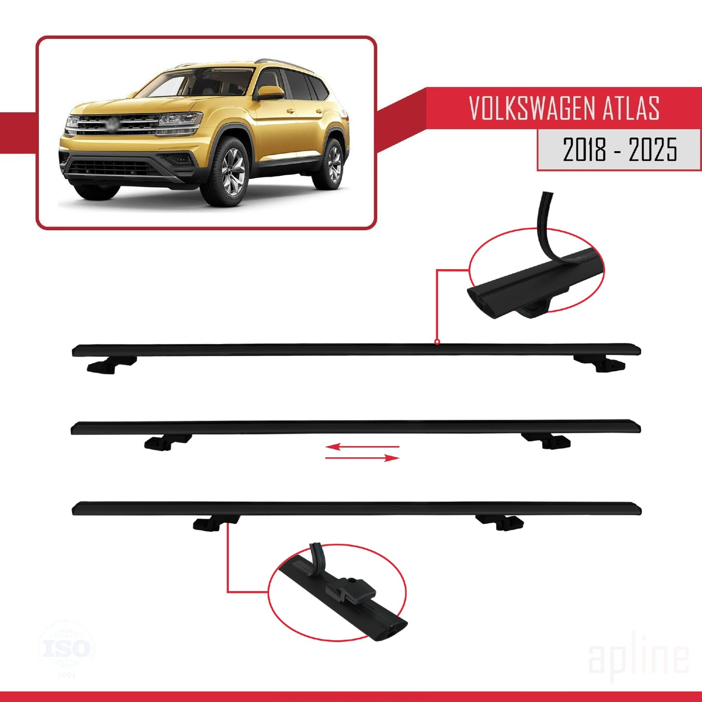 Compatible avec Volkswagen Atlas (CA1) 2018-2025 BASIC Model Barres de Toit Railing Porte-Bagages de Voiture Noir Aluminium 2 Barres