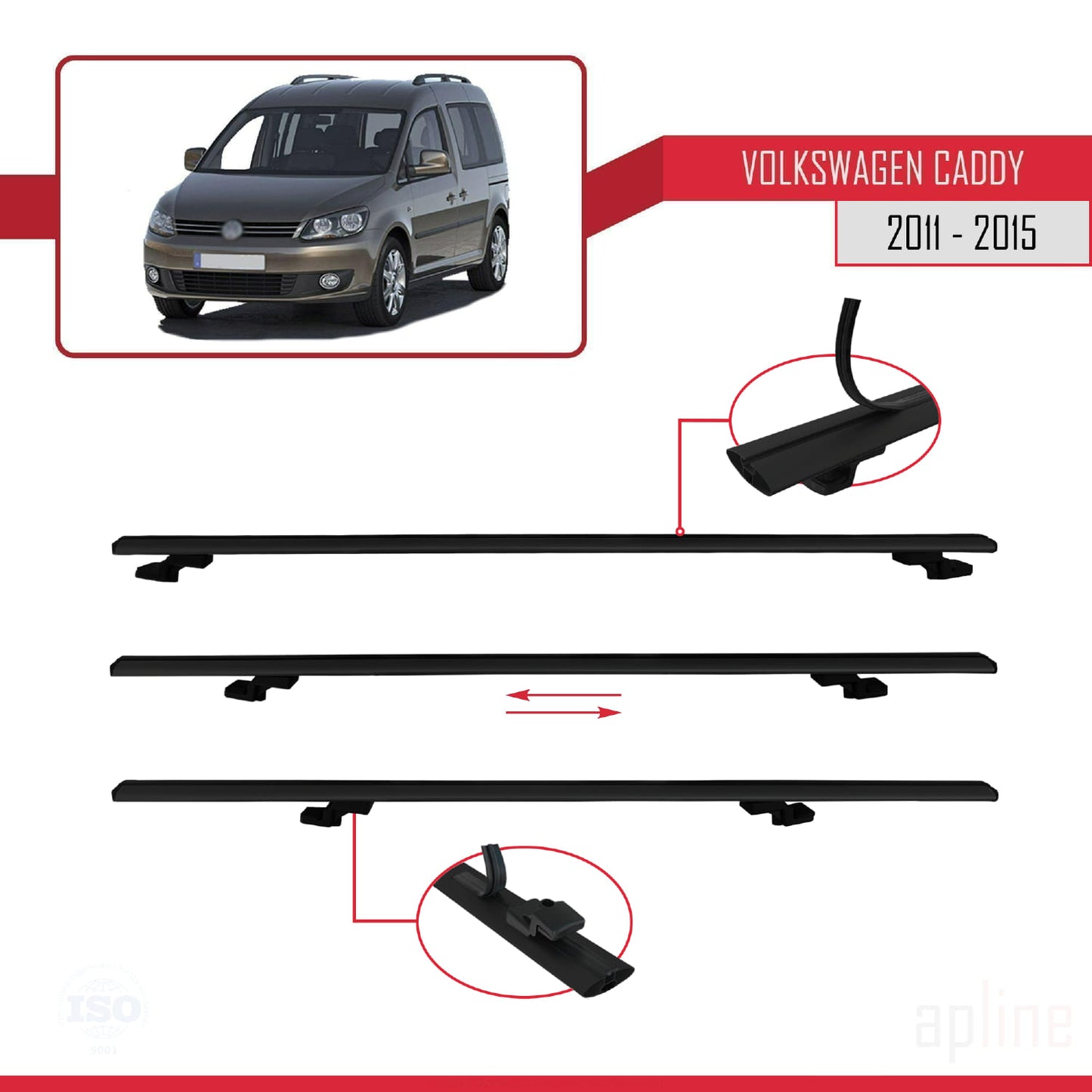 Compatible avec Volkswagen Caddy 3 (2K) 2011-2015 BASIC Model Barres de Toit Railing Porte-Bagages de Voiture Noir Aluminium 3 Barres