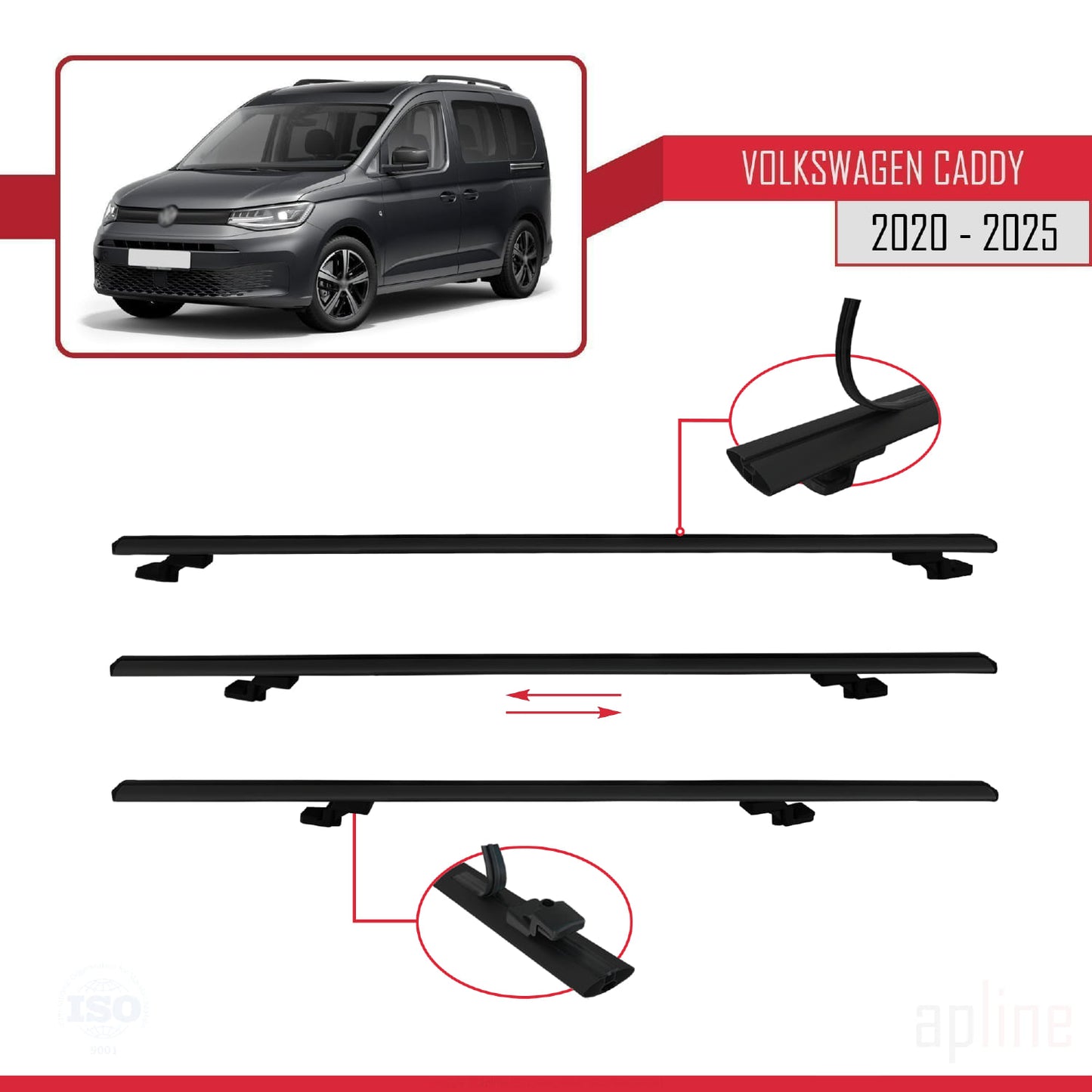 Compatible avec Volkswagen Caddy 4 (SB) 2020-2025 BASIC Model Barres de Toit Railing Porte-Bagages de Voiture Noir Aluminium 3 Barres