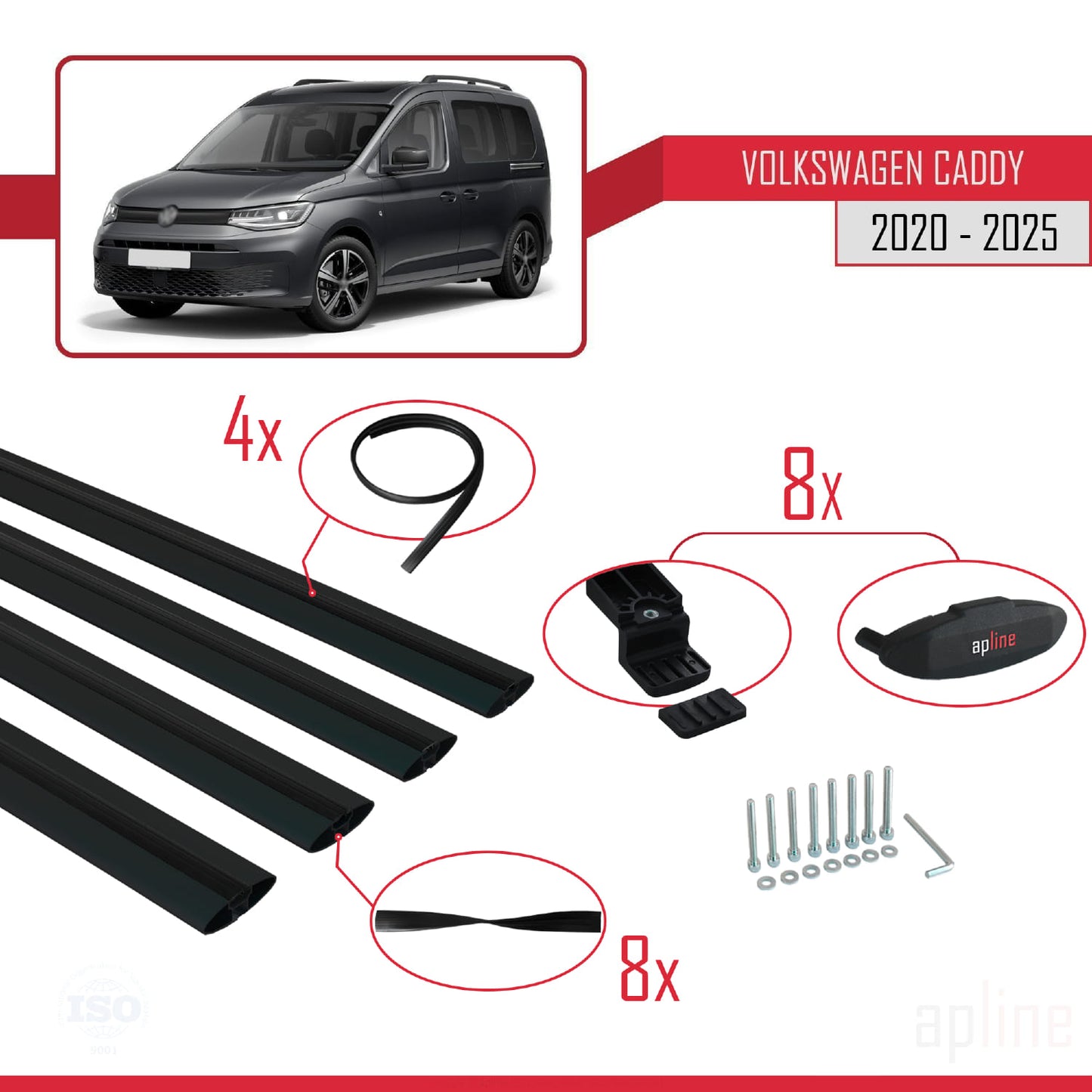 Compatible avec Volkswagen Caddy 4 (SB) 2020-2025 BASIC Model Barres de Toit Railing Porte-Bagages de Voiture Noir Aluminium 4 Barres