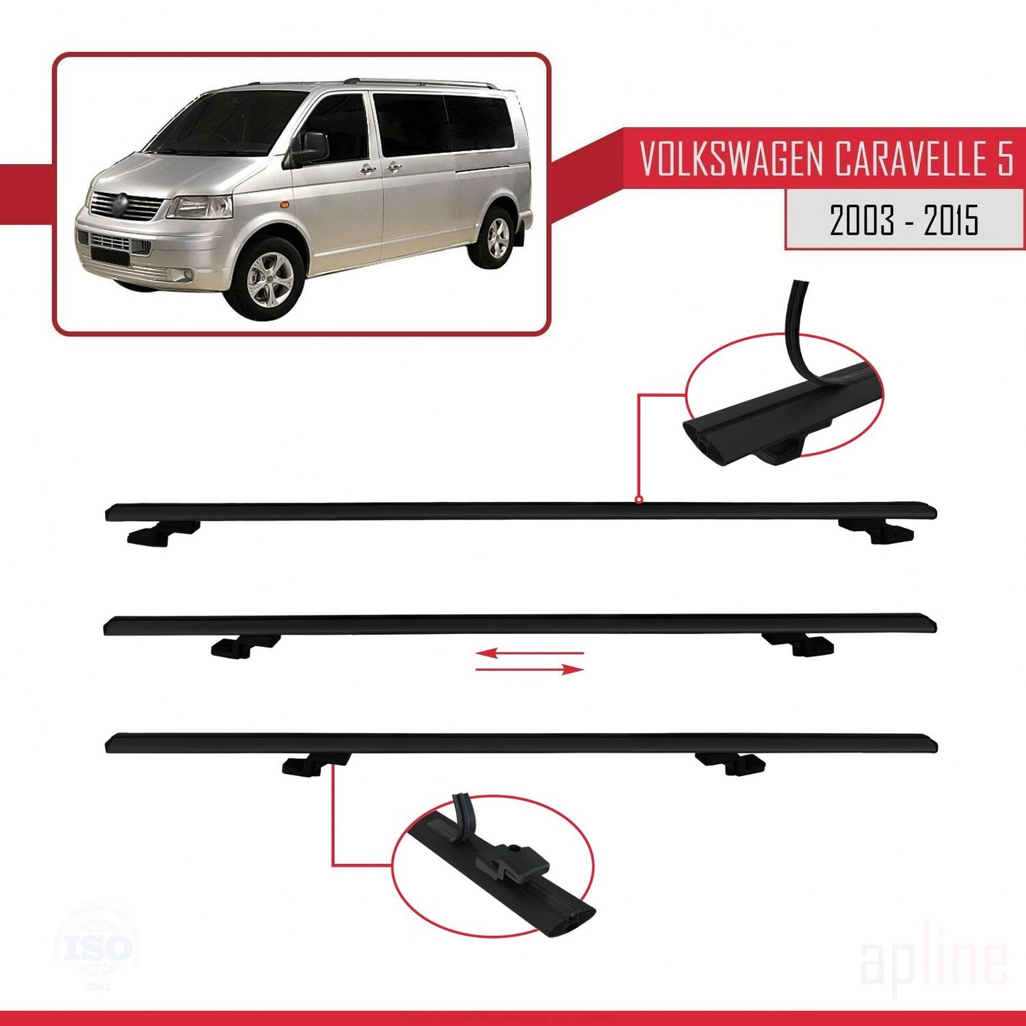 Compatible avec Volkswagen T5 Caravelle 2003-2015 BASIC Model Barres de Toit Railing Porte-Bagages de Voiture Noir Aluminium 2 Barres