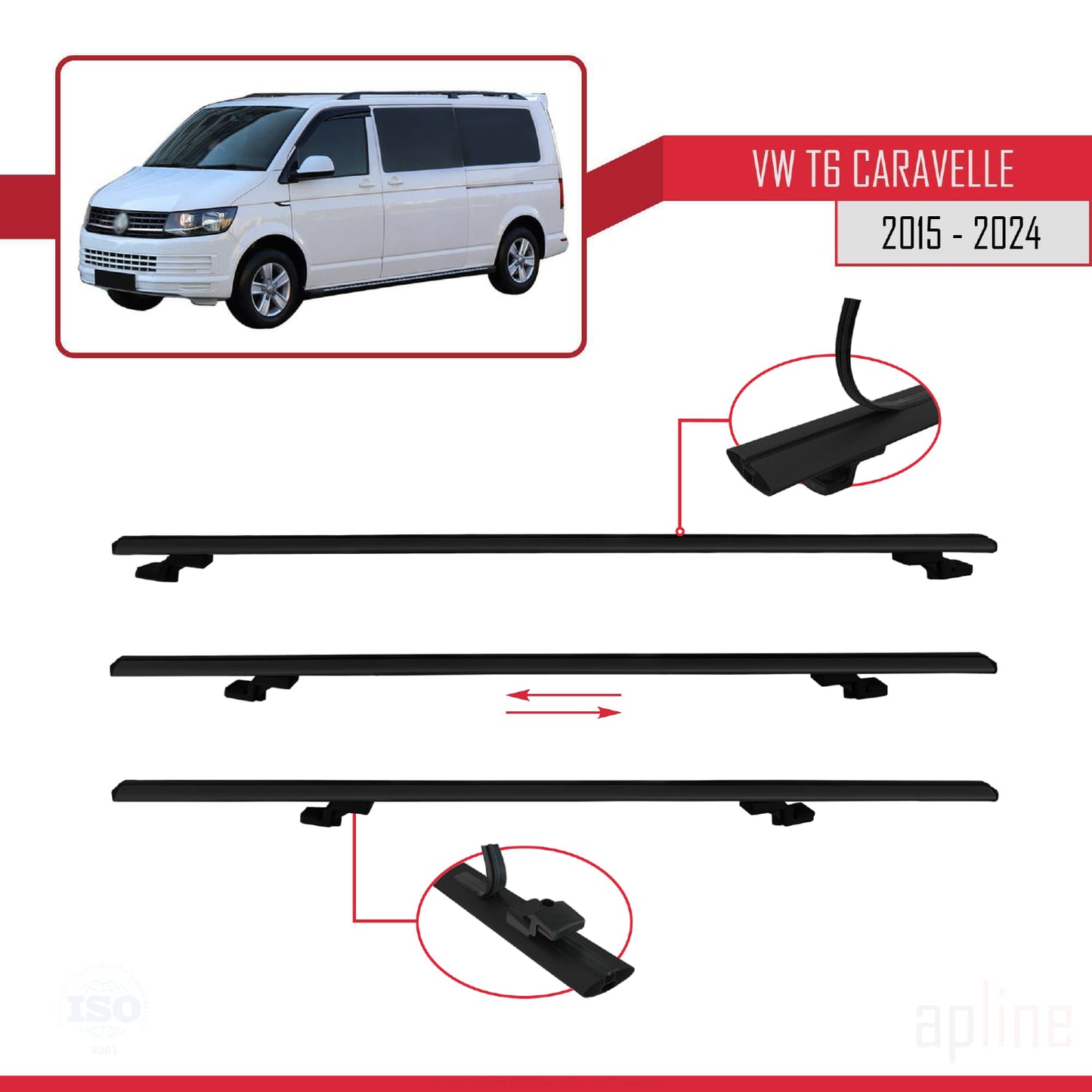 Compatible avec Volkswagen T6 Caravelle 2015-2024 BASIC Model Barres de Toit Railing Porte-Bagages de Voiture Noir Aluminium 4 Barres