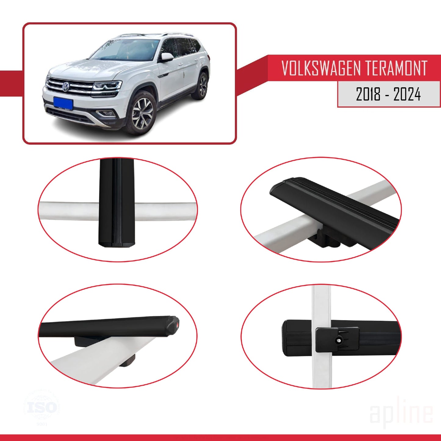 Compatible avec Volkswagen Teramont (CA1) 2018-2024 BASIC Model Barres de Toit Railing Porte-Bagages de Voiture Noir Aluminium 2 Barres