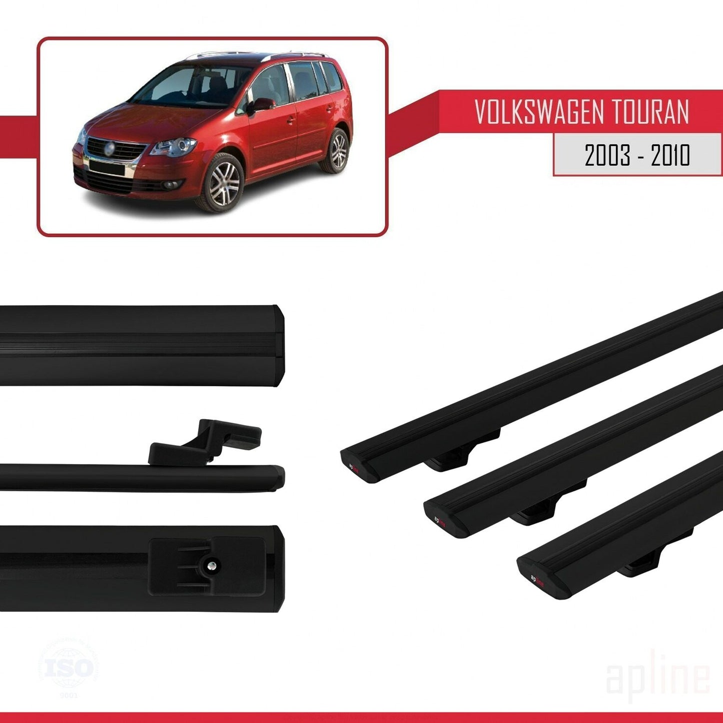 Compatible avec Volkswagen Touran (1T) Pre-Facelift 2003-2010 BASIC Model Barres de Toit Railing Porte-Bagages de Voiture Noir Aluminium 3 Barres