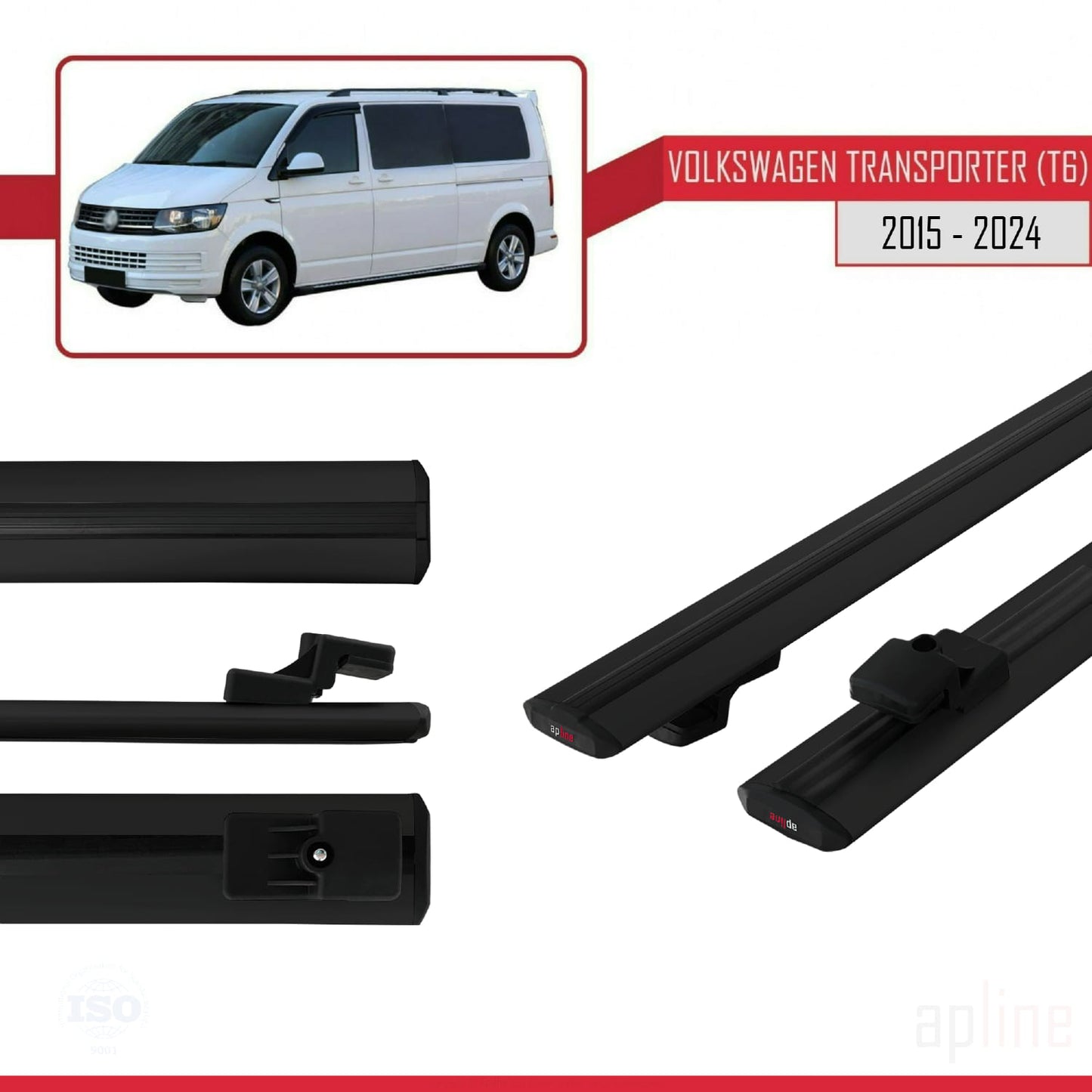 Compatible avec Volkswagen T6 Transporter 2015-2024 BASIC Model Barres de Toit Railing Porte-Bagages de Voiture Noir Aluminium 2 Barres