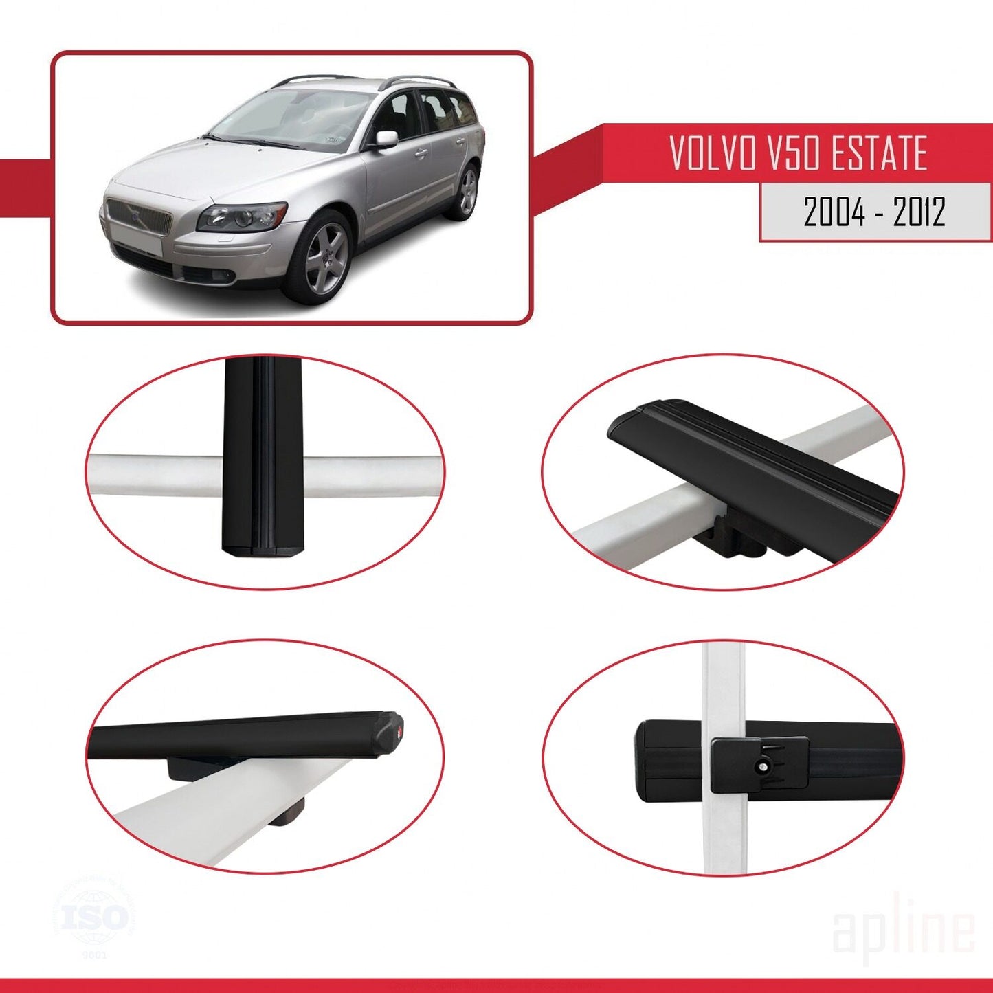 Compatible avec Volvo V50 2004-2012 BASIC Model Barres de Toit Railing Porte-Bagages de Voiture Noir Aluminium 3 Barres