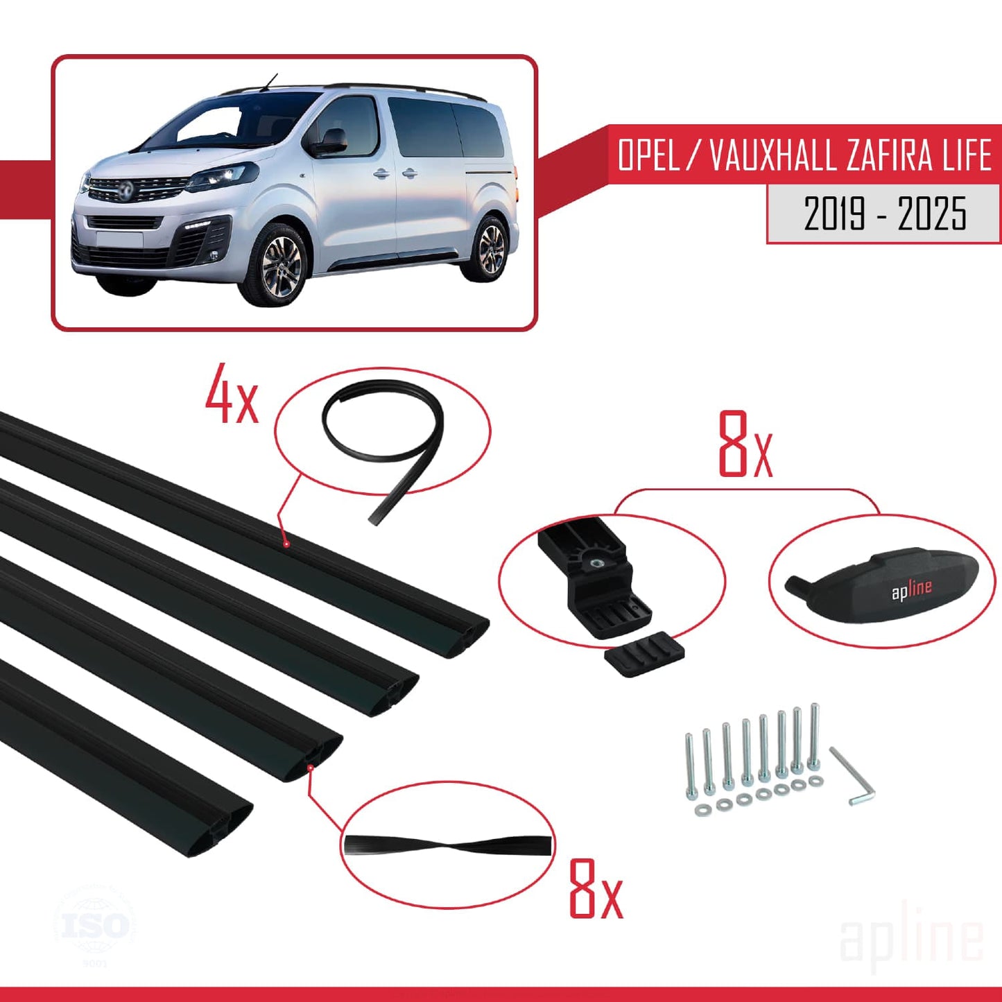 Compatible avec Opel Zafira Life 2019-2025 BASIC Model Barres de Toit Railing Porte-Bagages de Voiture Noir Aluminium 4 Barres