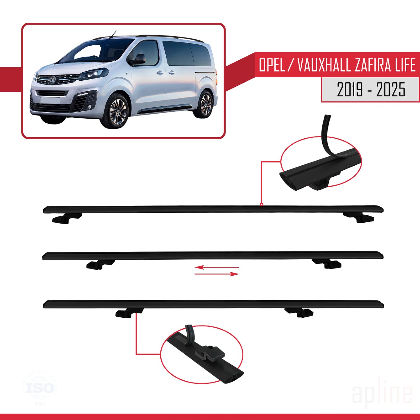Compatible avec Opel Zafira Life 2019-2025 BASIC Model Barres de Toit Railing Porte-Bagages de Voiture Noir Aluminium 2 Barres