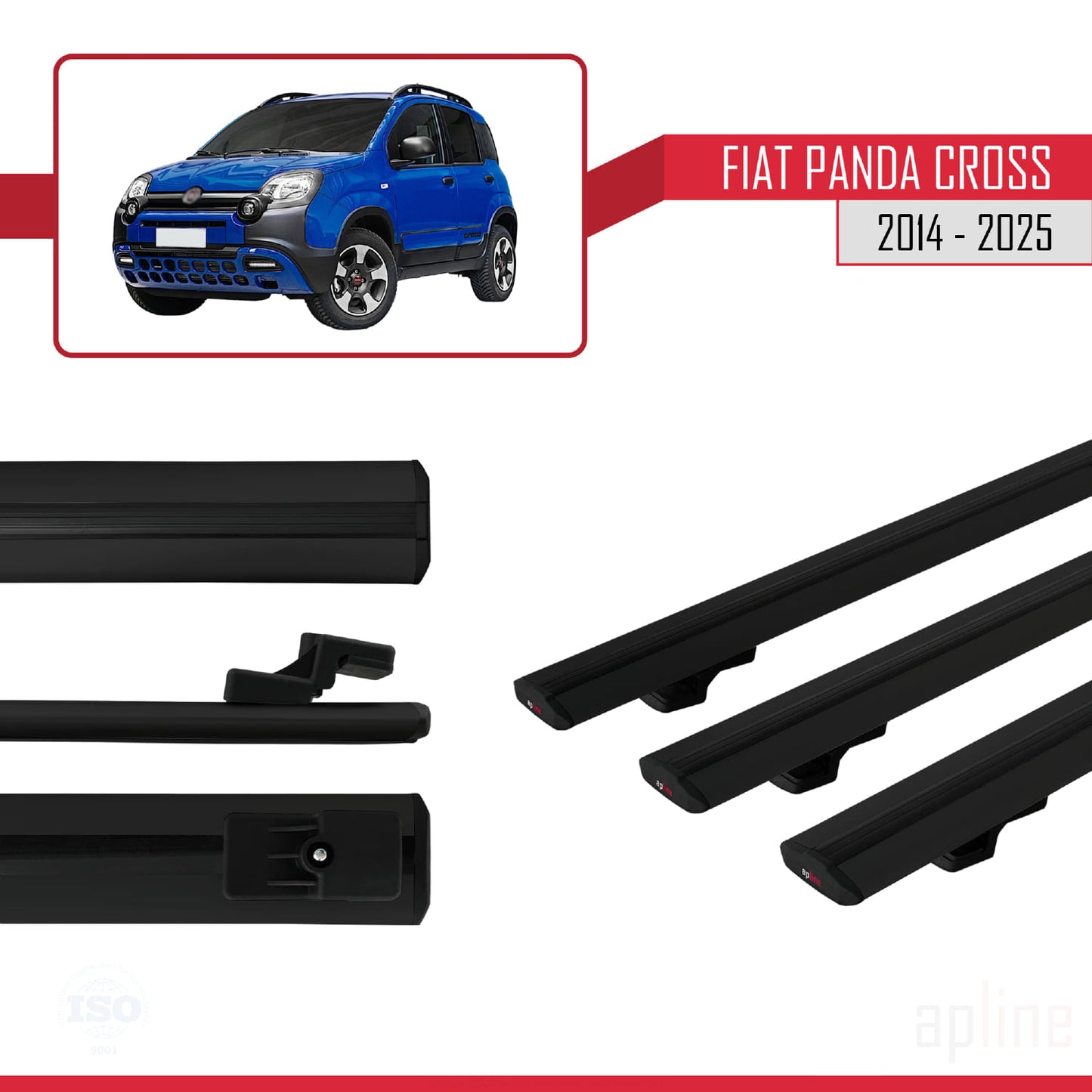 Kompatibel mit Fiat Panda Cross 2014-2025 BASIC Modell Dachgepäckträger, schwarzes Aluminium, 3 Stangen