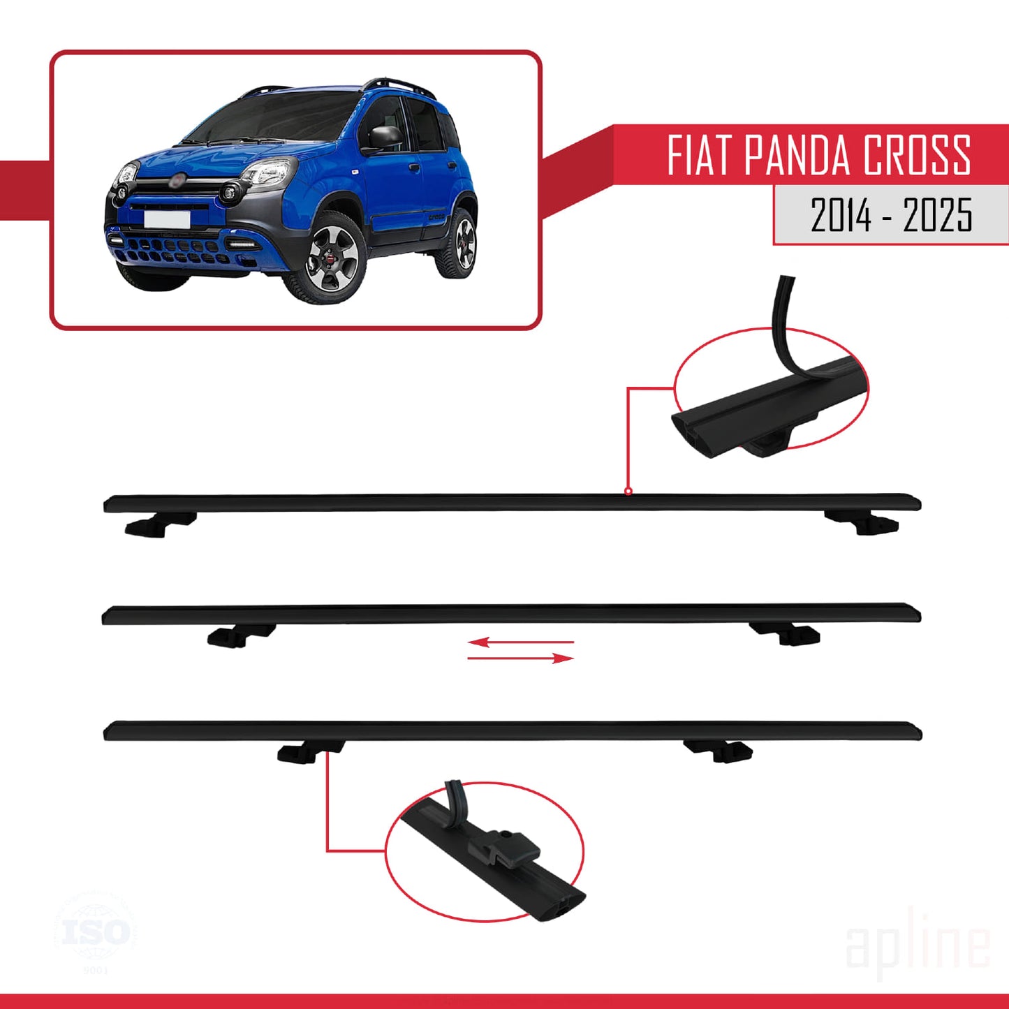Kompatibel mit Fiat Panda Cross 2014-2025 BASIC Modell Dachgepäckträger, schwarzes Aluminium, 3 Stangen