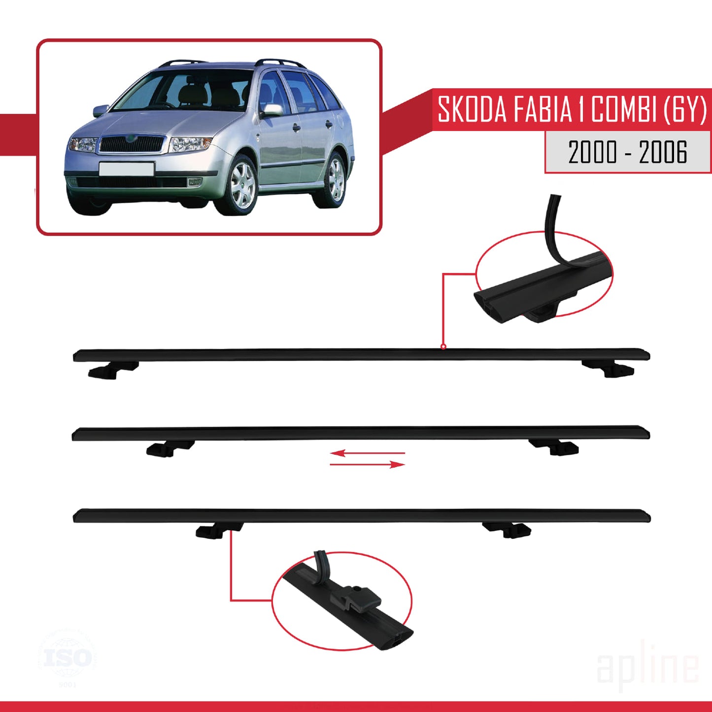 Compatible avec Skoda Fabia (6Y) Break 2000-2006 BASIC Model Barres de Toit Railing Porte-Bagages de Voiture Noir Aluminium 3 Barres