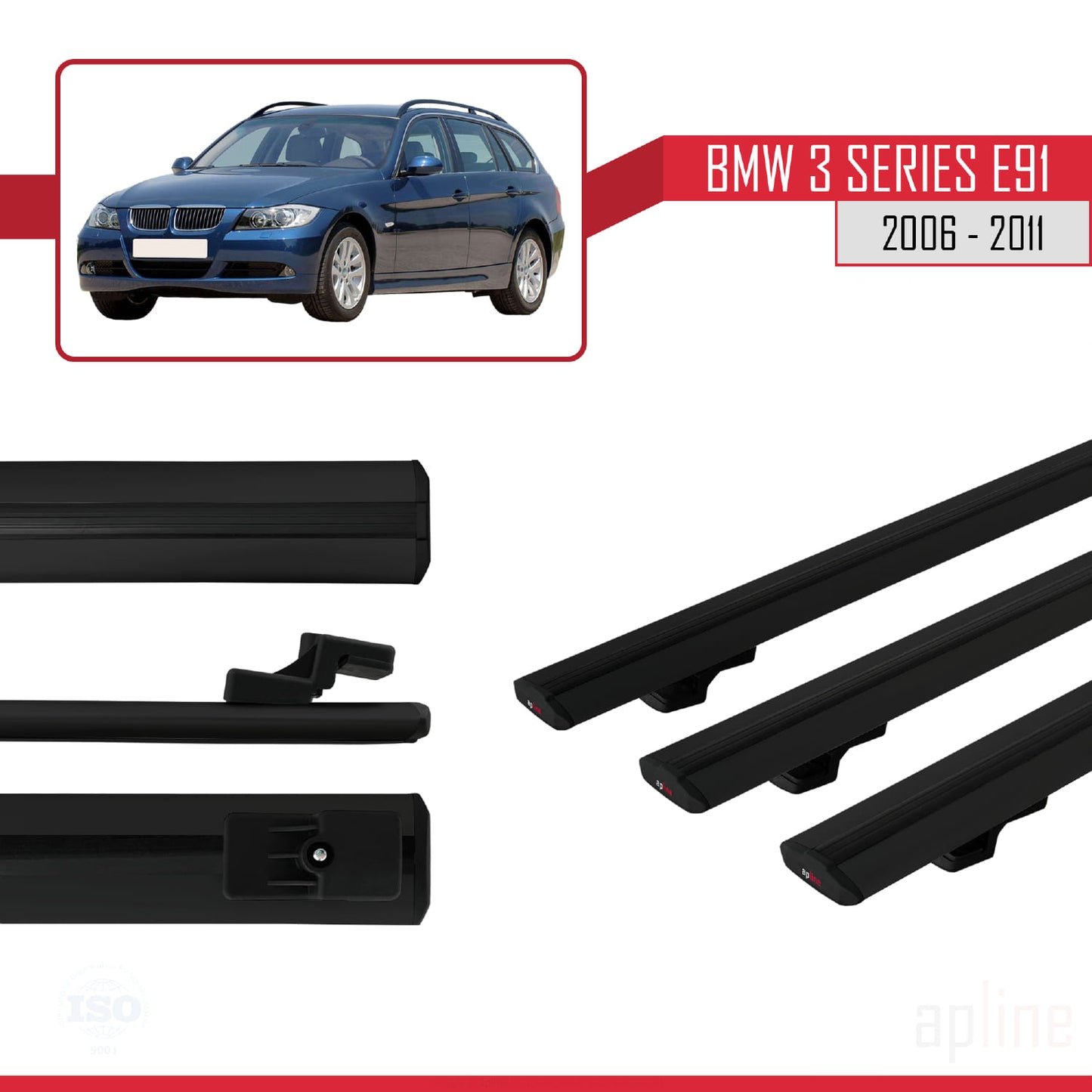 Compatible avec BMW 3 Series E91 Touring 2006-2011 BASIC Model Barres de Toit Railing Porte-Bagages de Voiture Noir Aluminium 3 Barres
